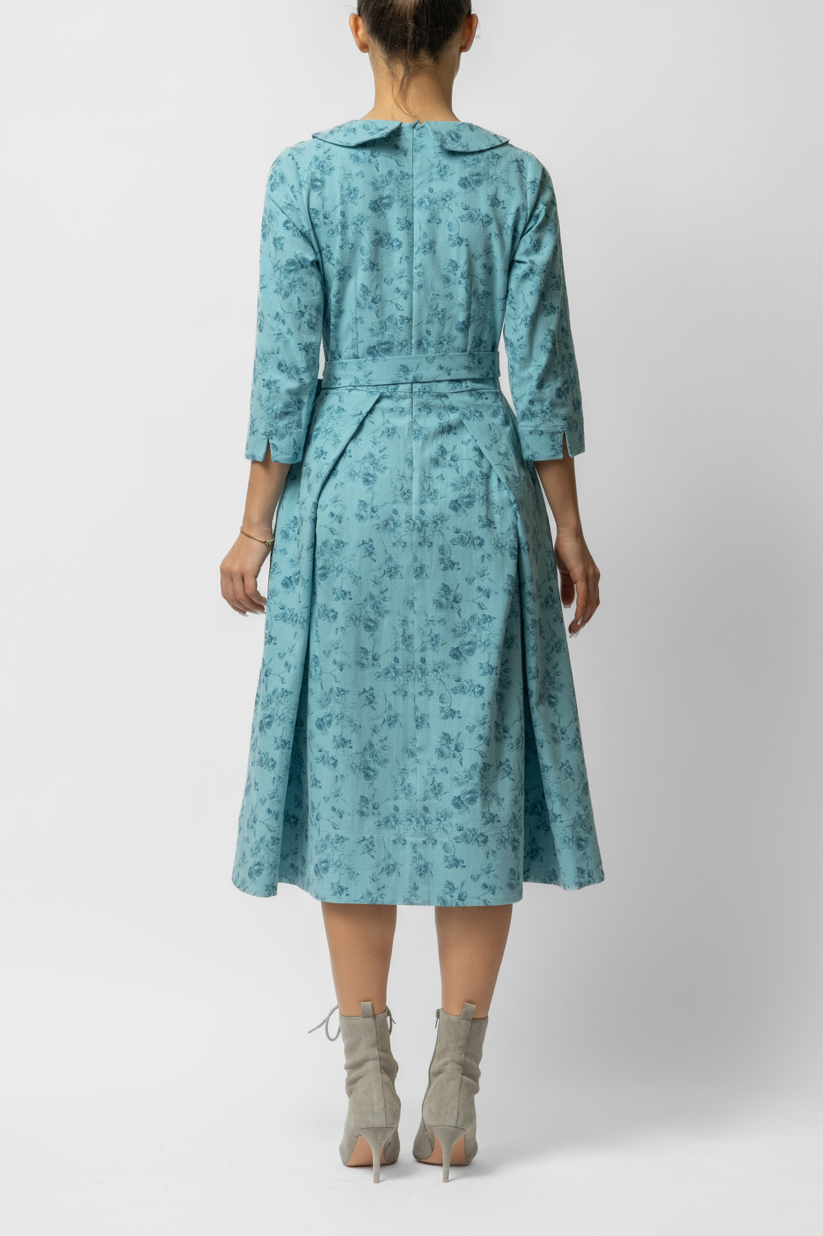 Rochie Midi cu Maneca 3/4 si Imprimeu din Bumbac, Bleu Deschis