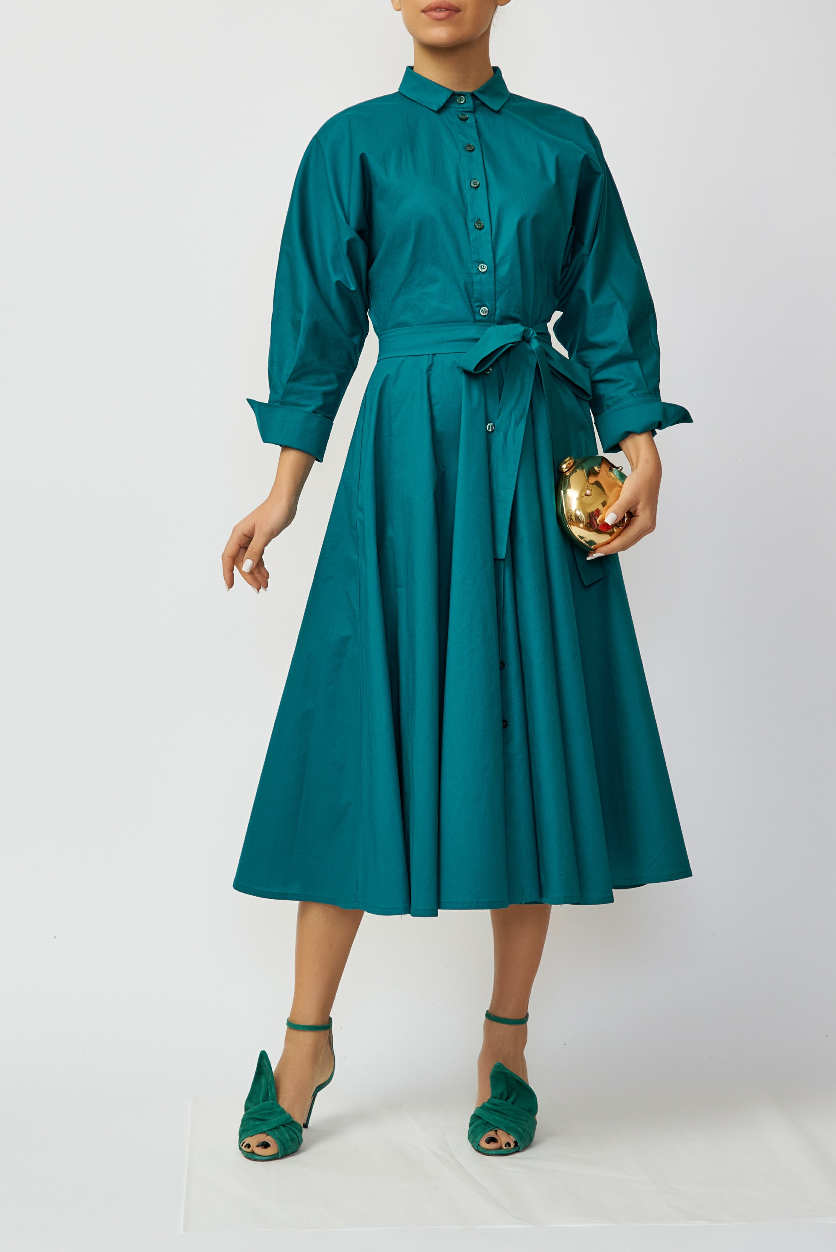 Rochie Camasa Midi din Poplin, Verde