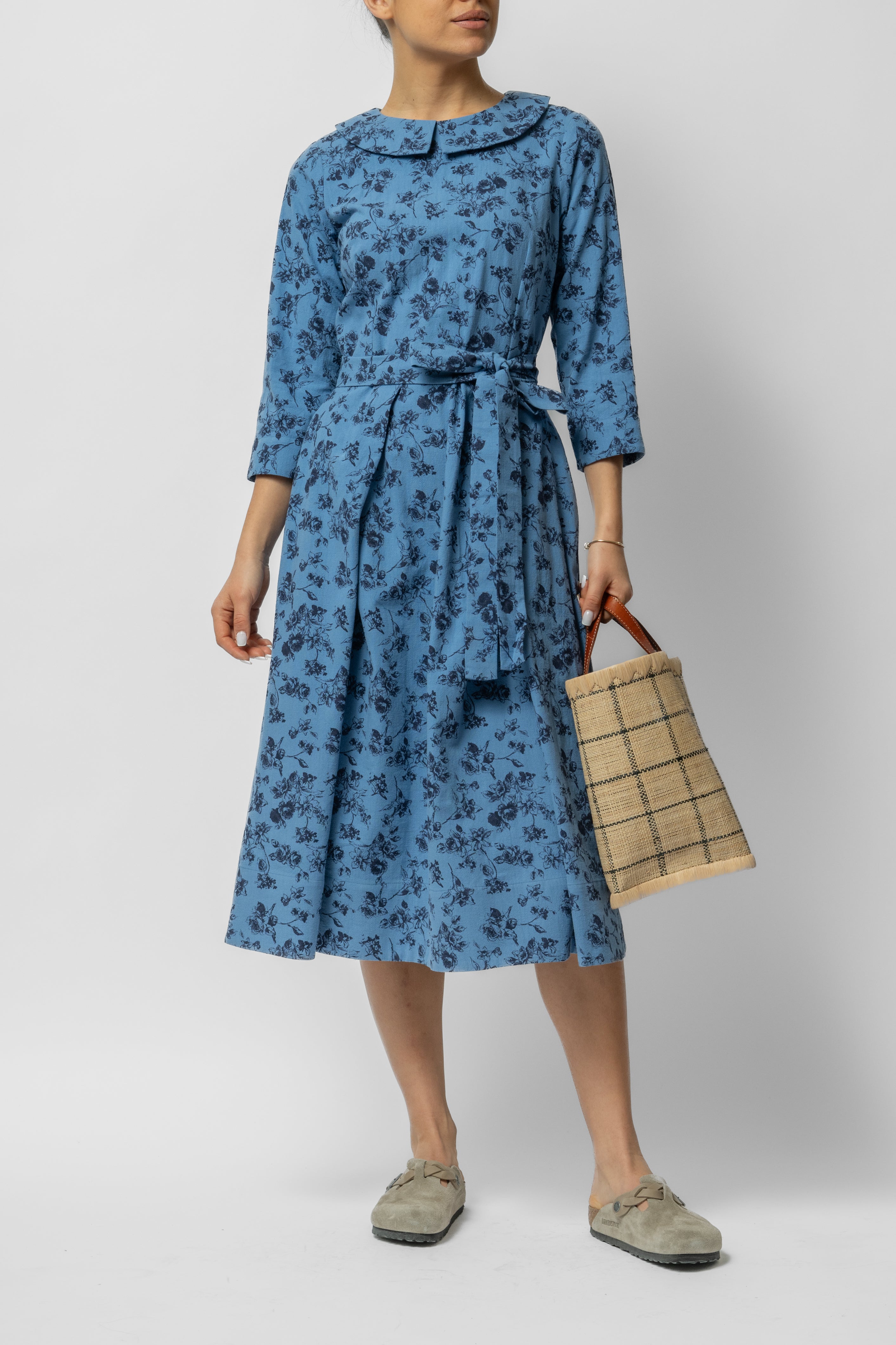 Rochie Midi cu Maneca 3/4 si Imprimeu din Bumbac, Bleu Inchis