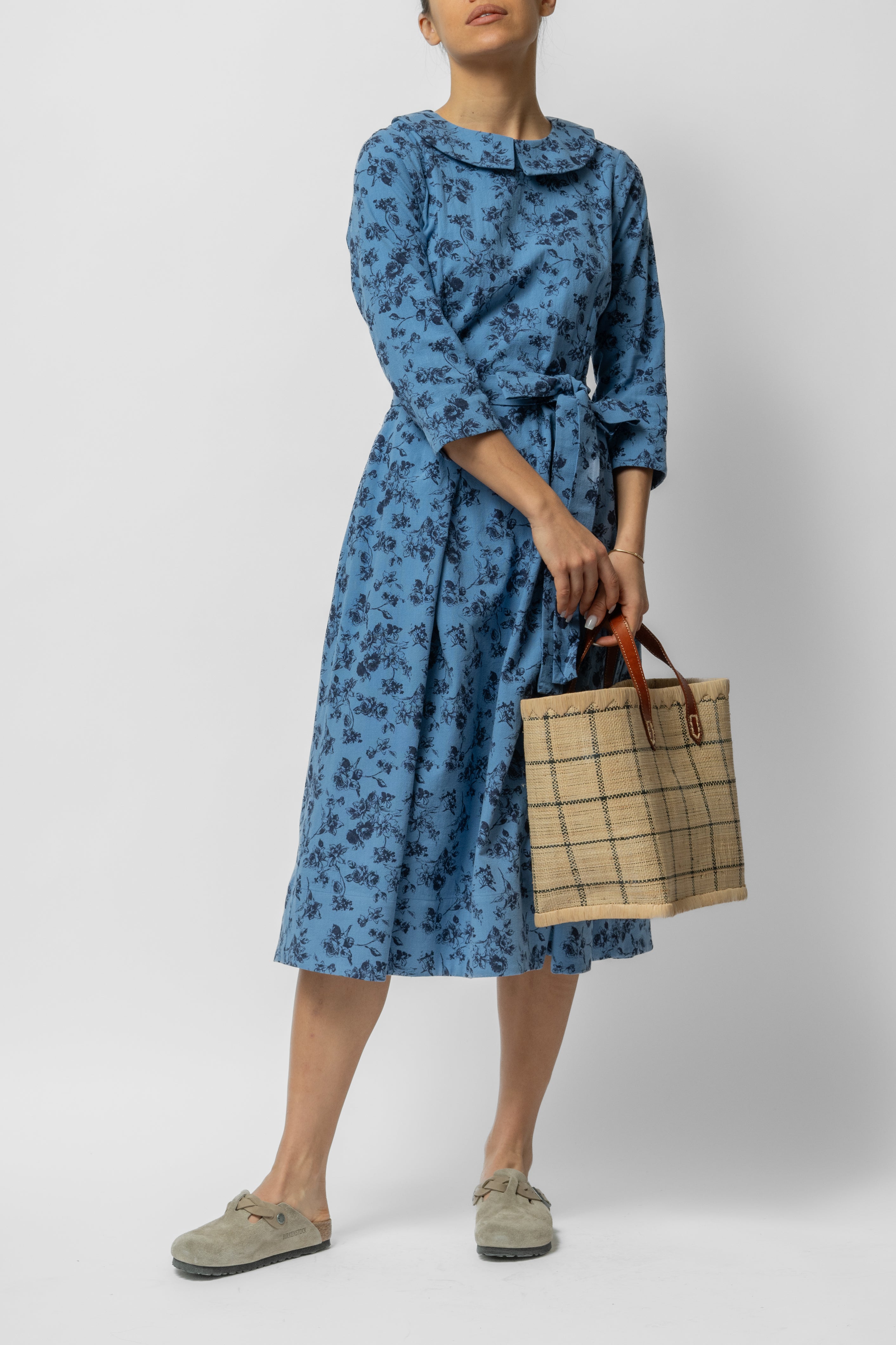 Rochie Midi cu Maneca 3/4 si Imprimeu din Bumbac, Bleu Inchis