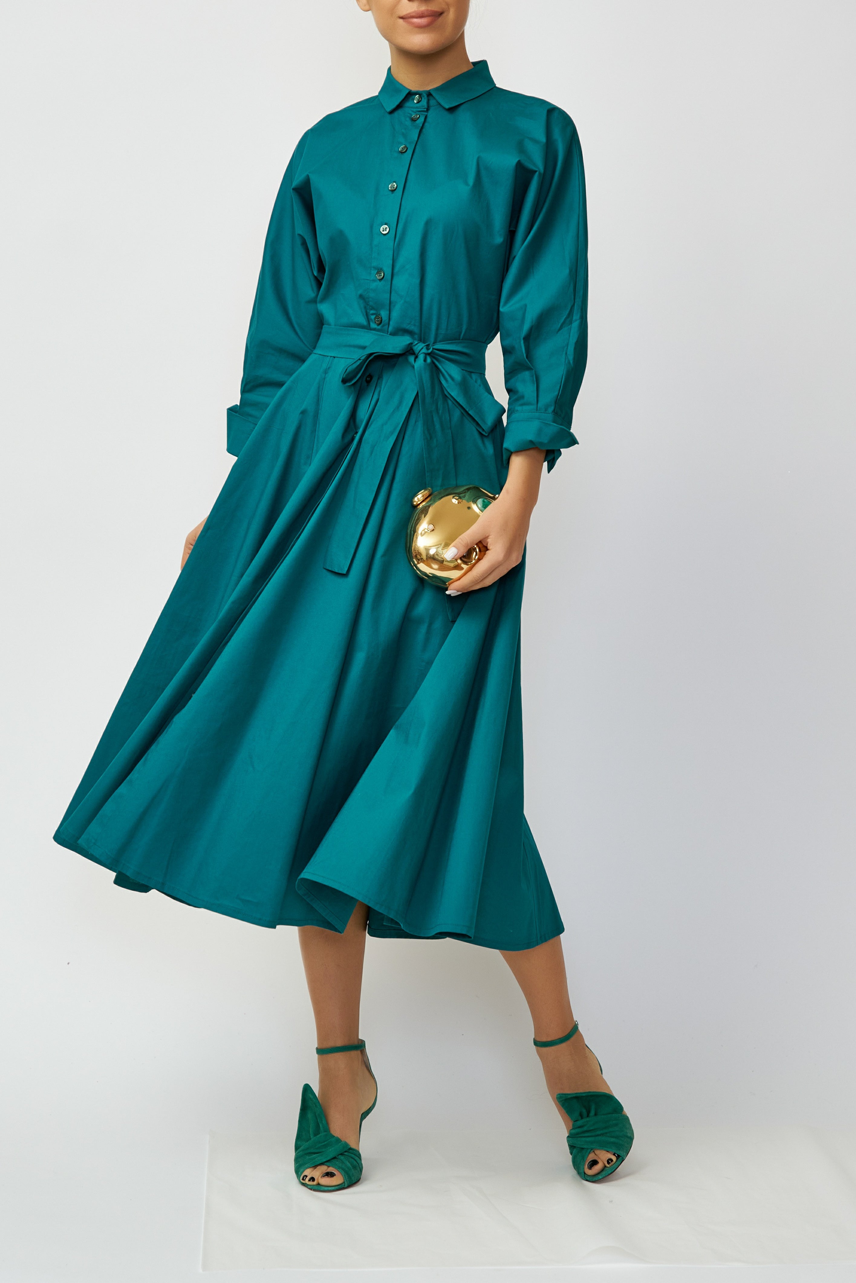 Rochie Camasa Midi din Poplin, Verde