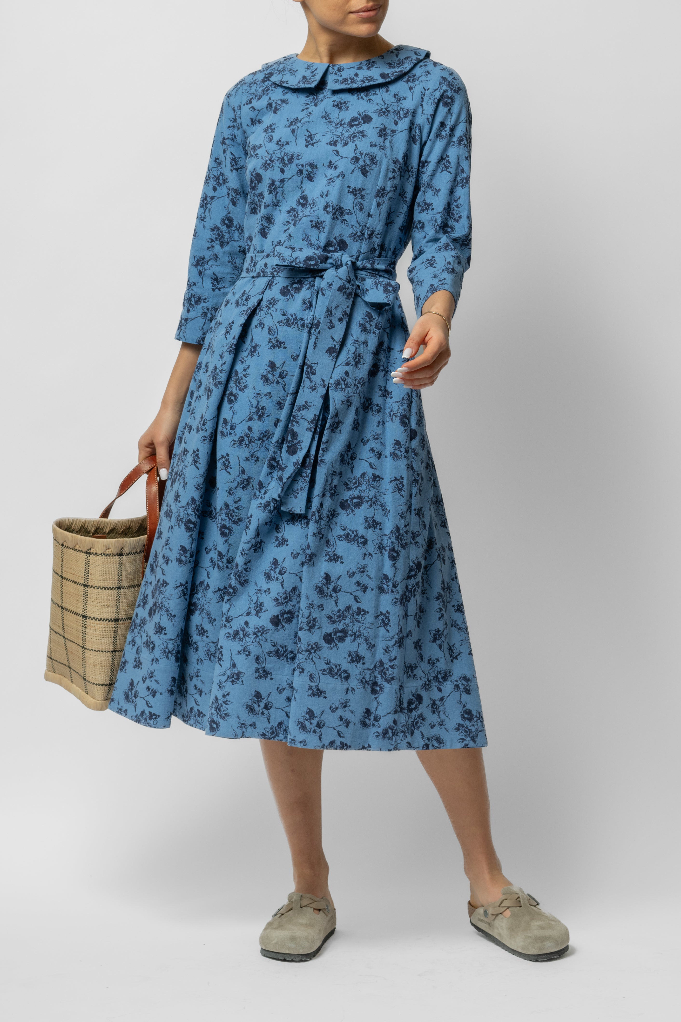 Rochie Midi cu Maneca 3/4 si Imprimeu din Bumbac, Bleu Inchis