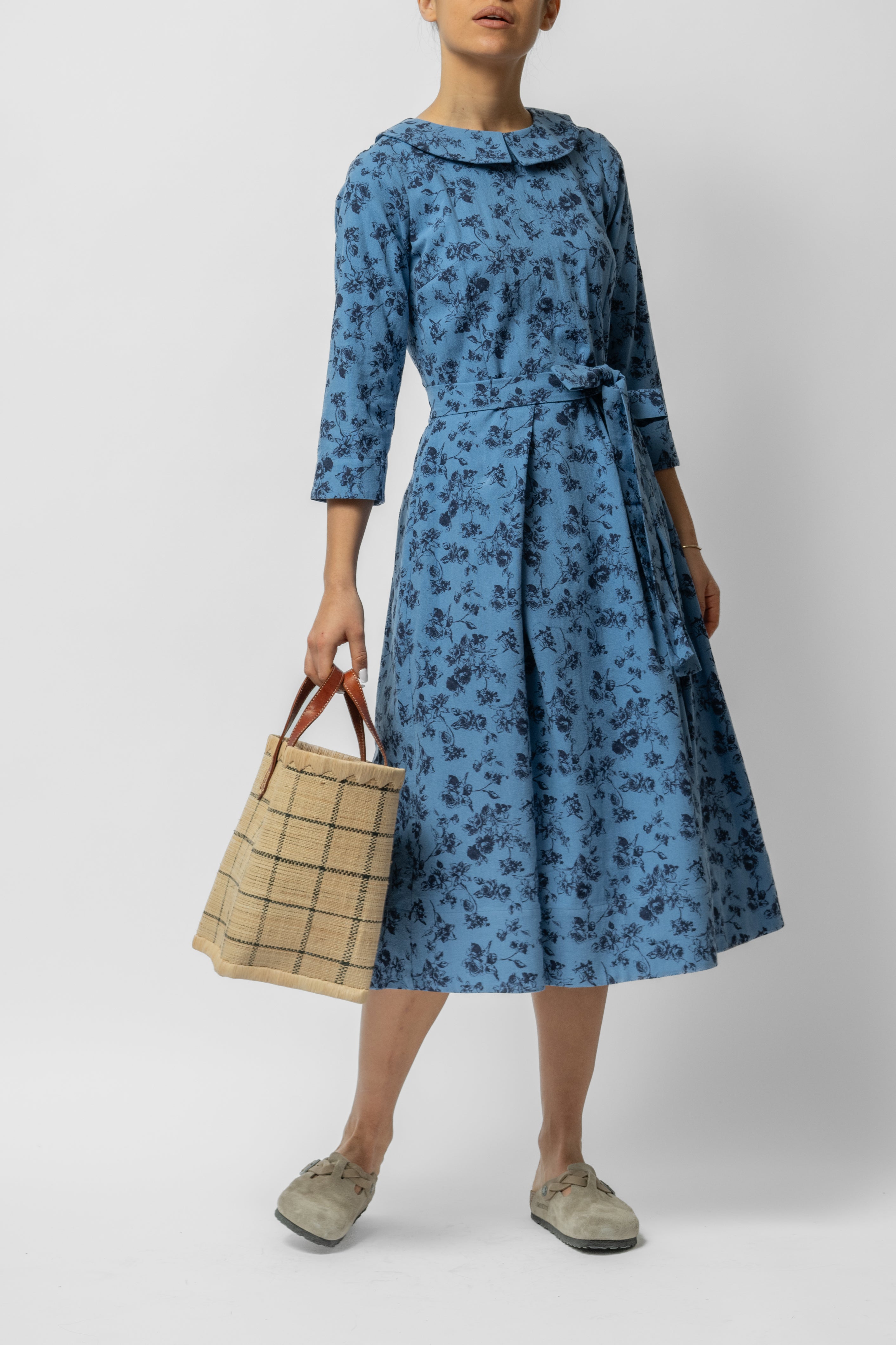 Rochie Midi cu Maneca 3/4 si Imprimeu din Bumbac, Bleu Inchis