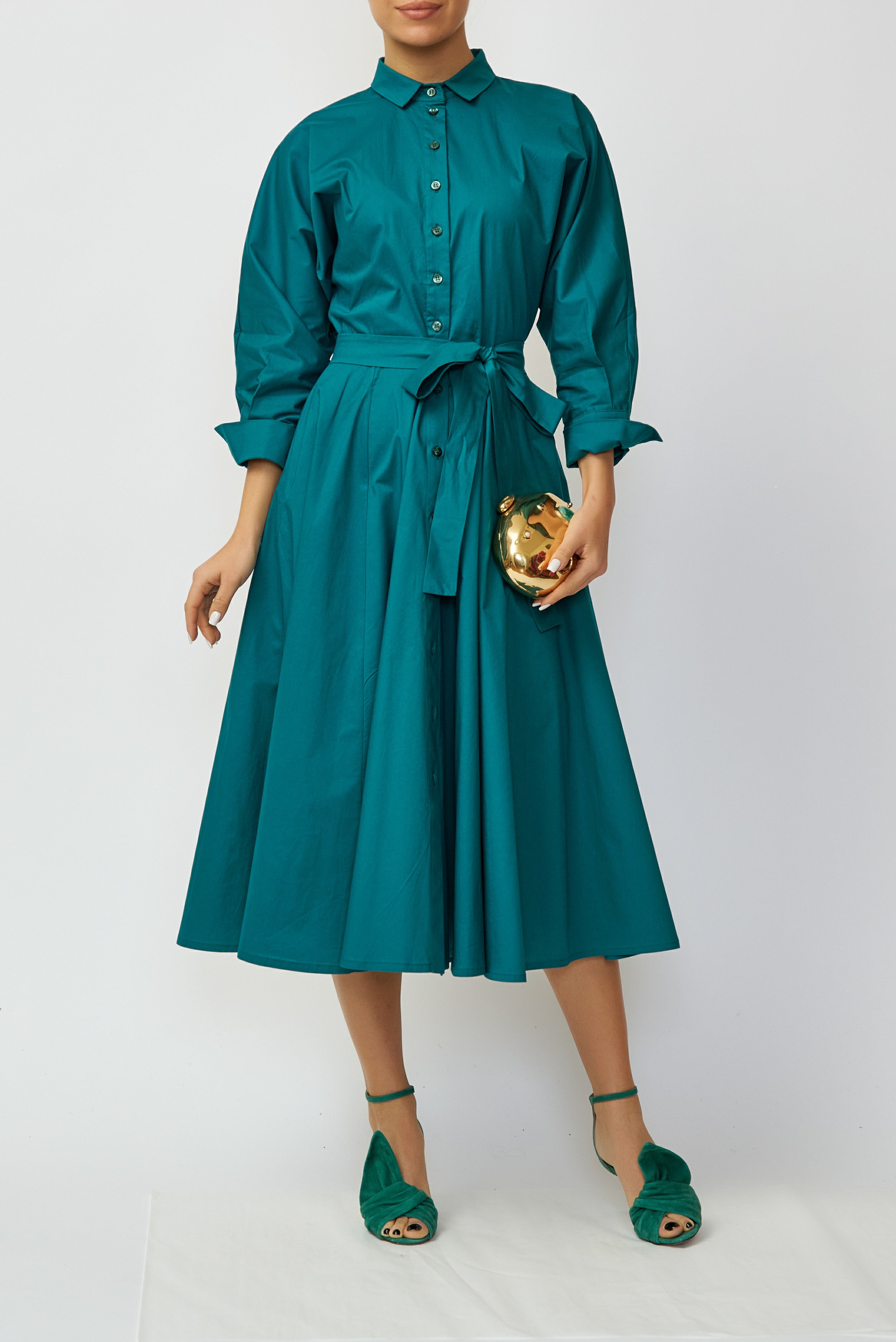 Rochie Camasa Midi din Poplin, Verde