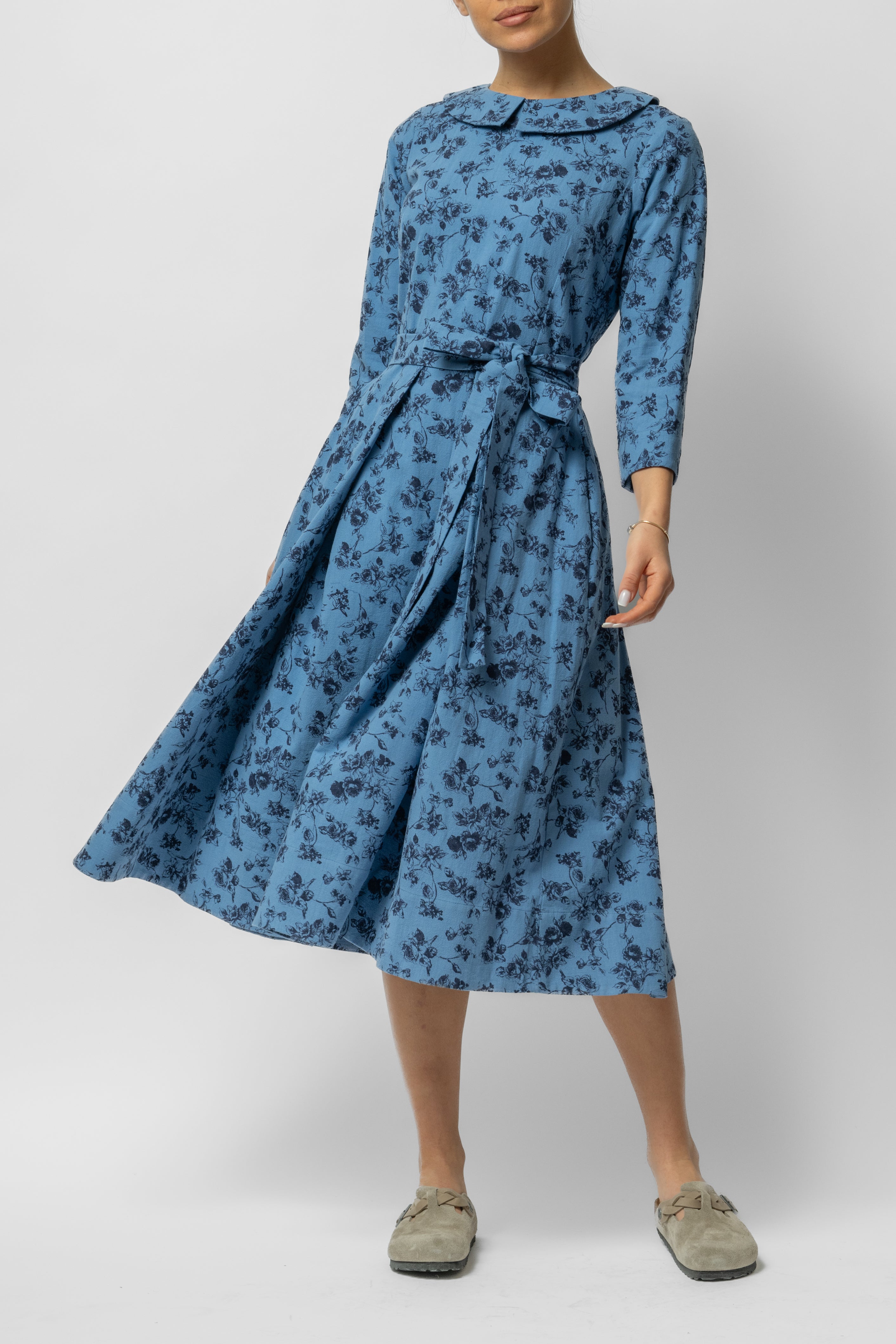 Rochie Midi cu Maneca 3/4 si Imprimeu din Bumbac, Bleu Inchis