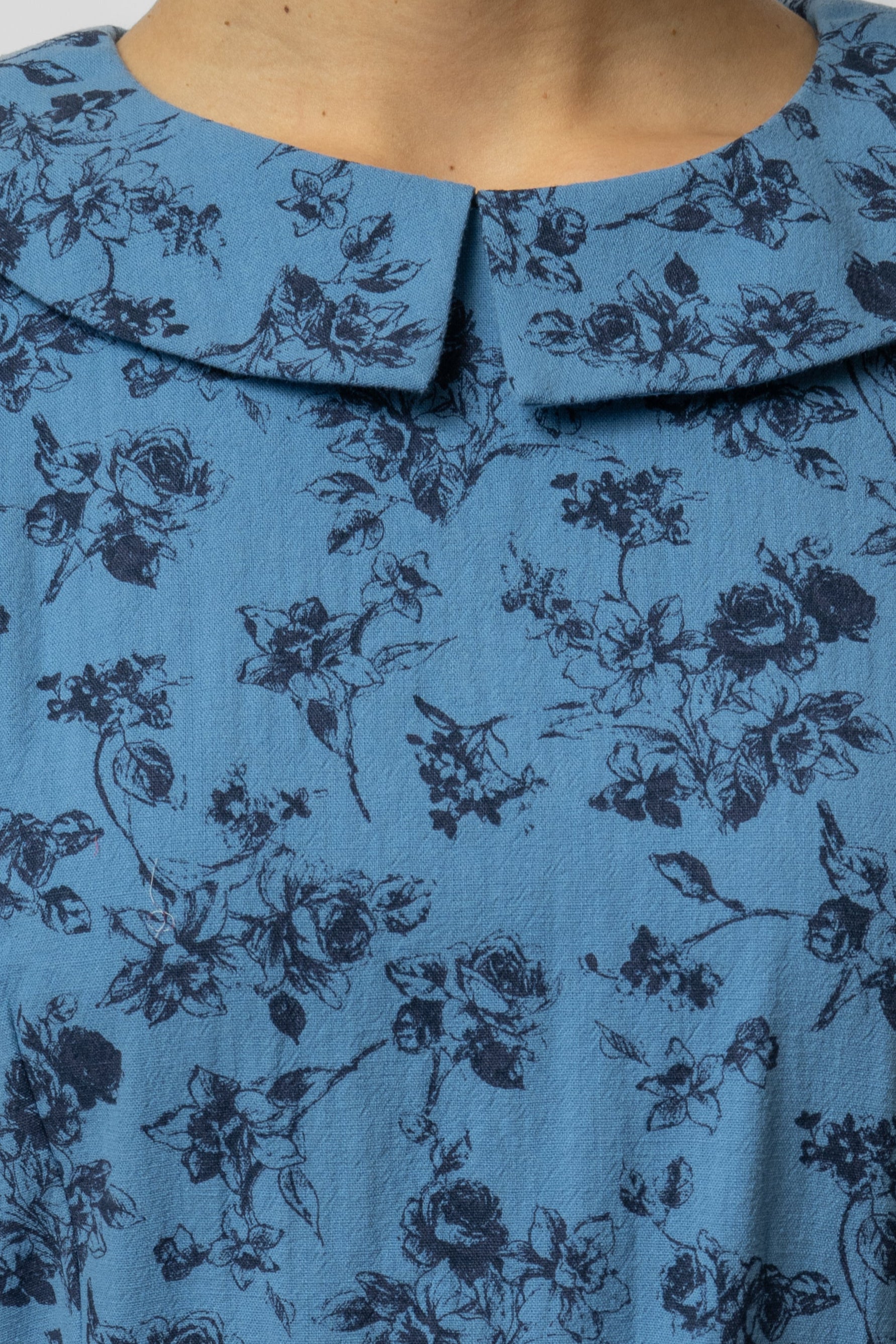 Rochie Midi cu Maneca 3/4 si Imprimeu din Bumbac, Bleu Inchis