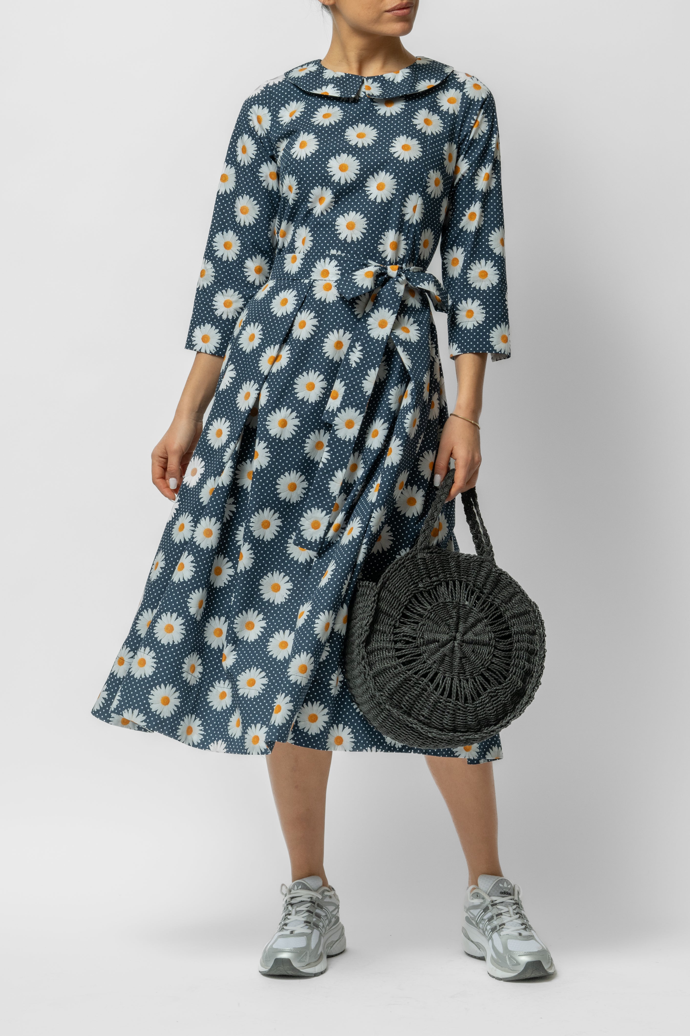 Rochie Midi cu Maneca 3/4 si Imprimeu din Bumbac, Neagra