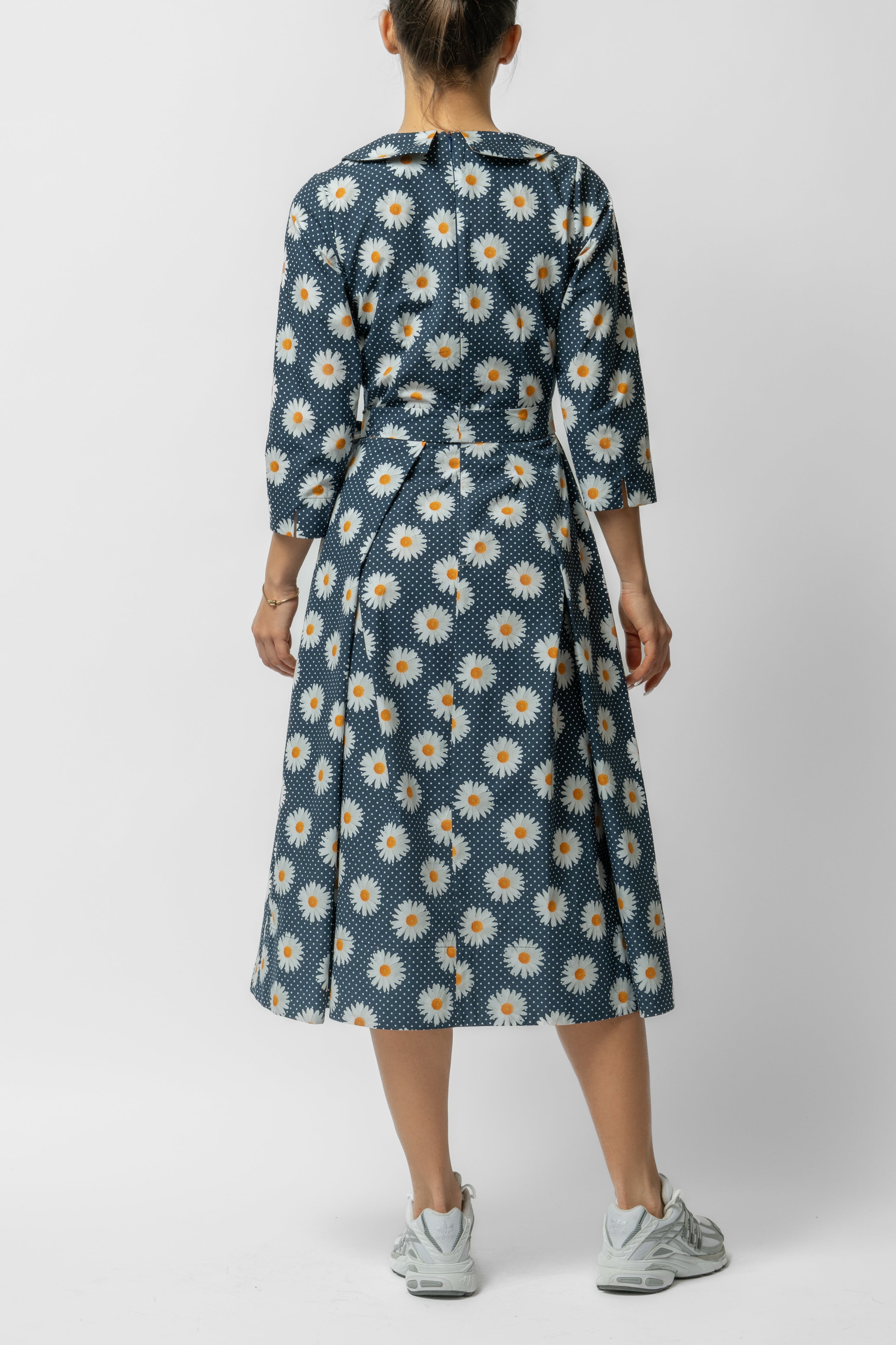 Rochie Midi cu Maneca 3/4 si Imprimeu din Bumbac, Neagra