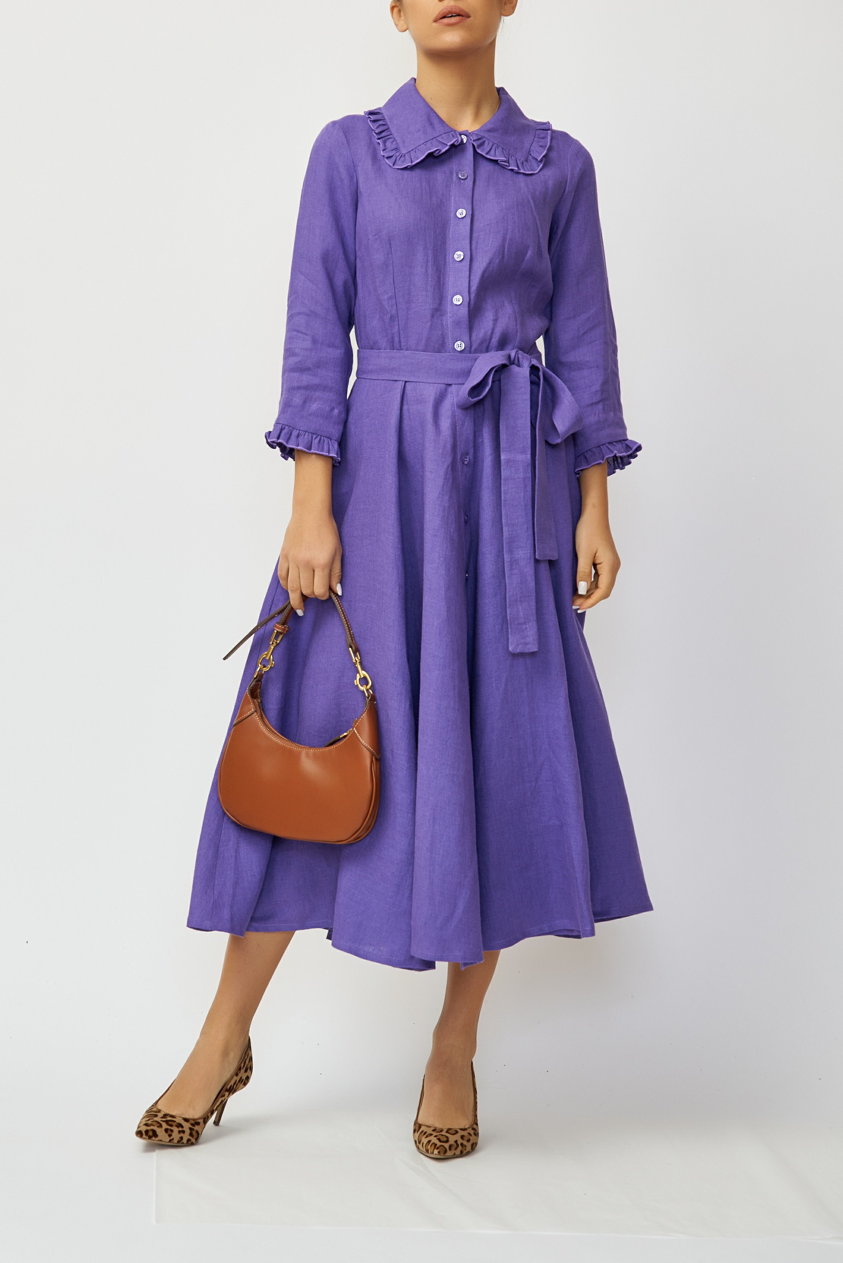 Linen Midi Shirt Dress, Purple