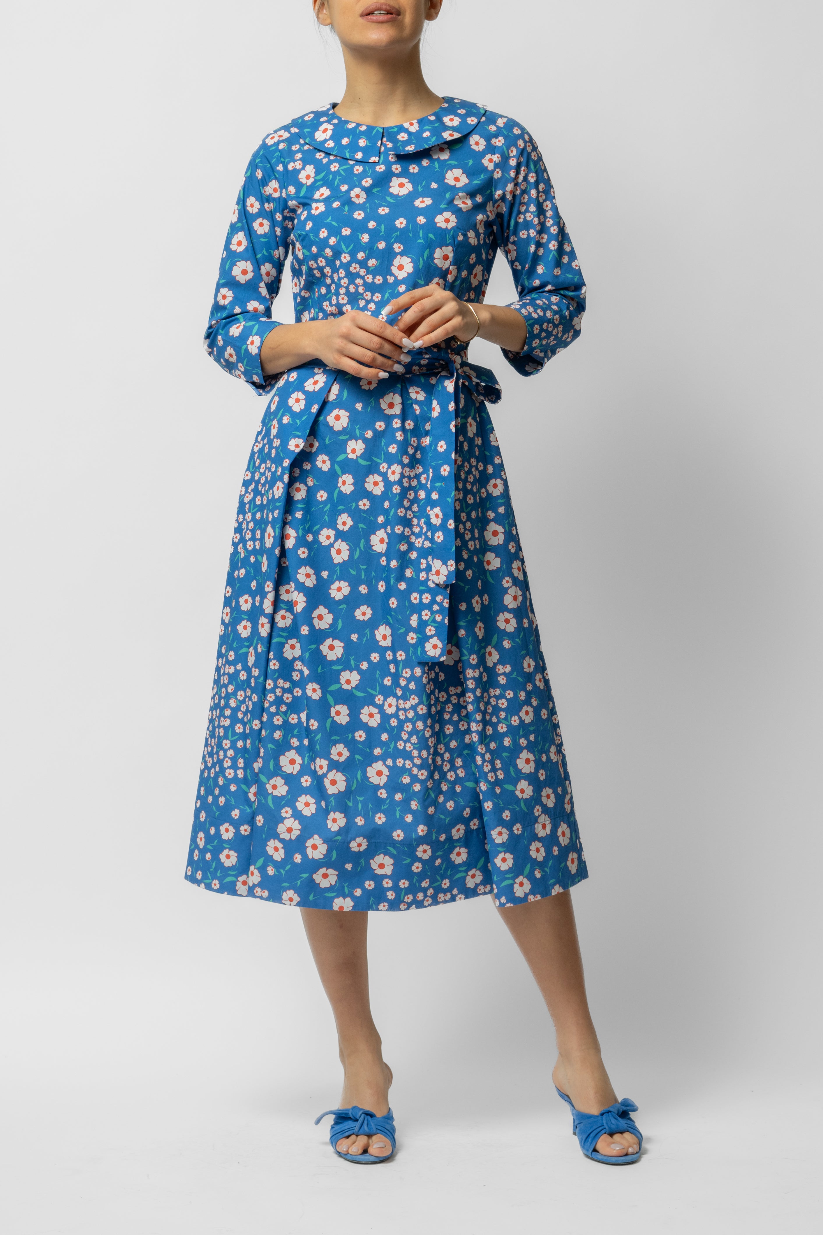 Rochie Midi cu Maneca 3/4 si Imprimeu din Bumbac, Albastra