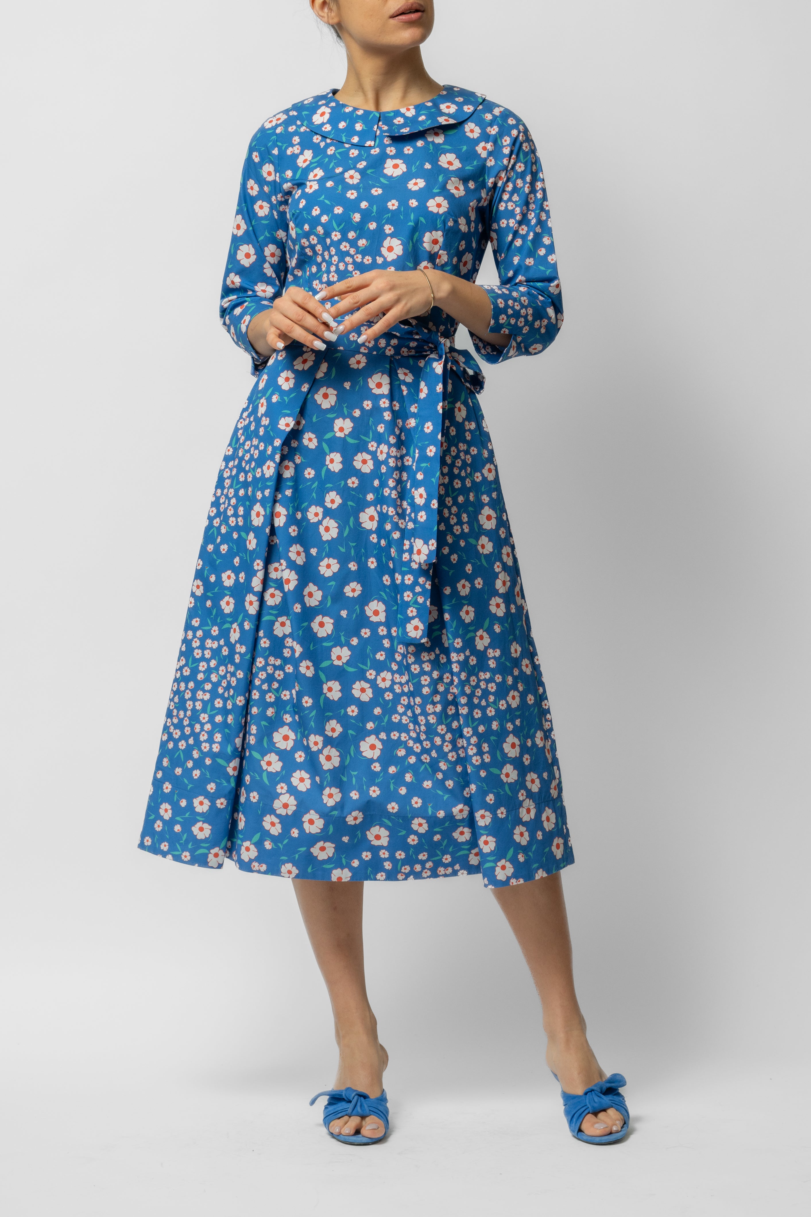 Rochie Midi cu Maneca 3/4 si Imprimeu din Bumbac, Albastra