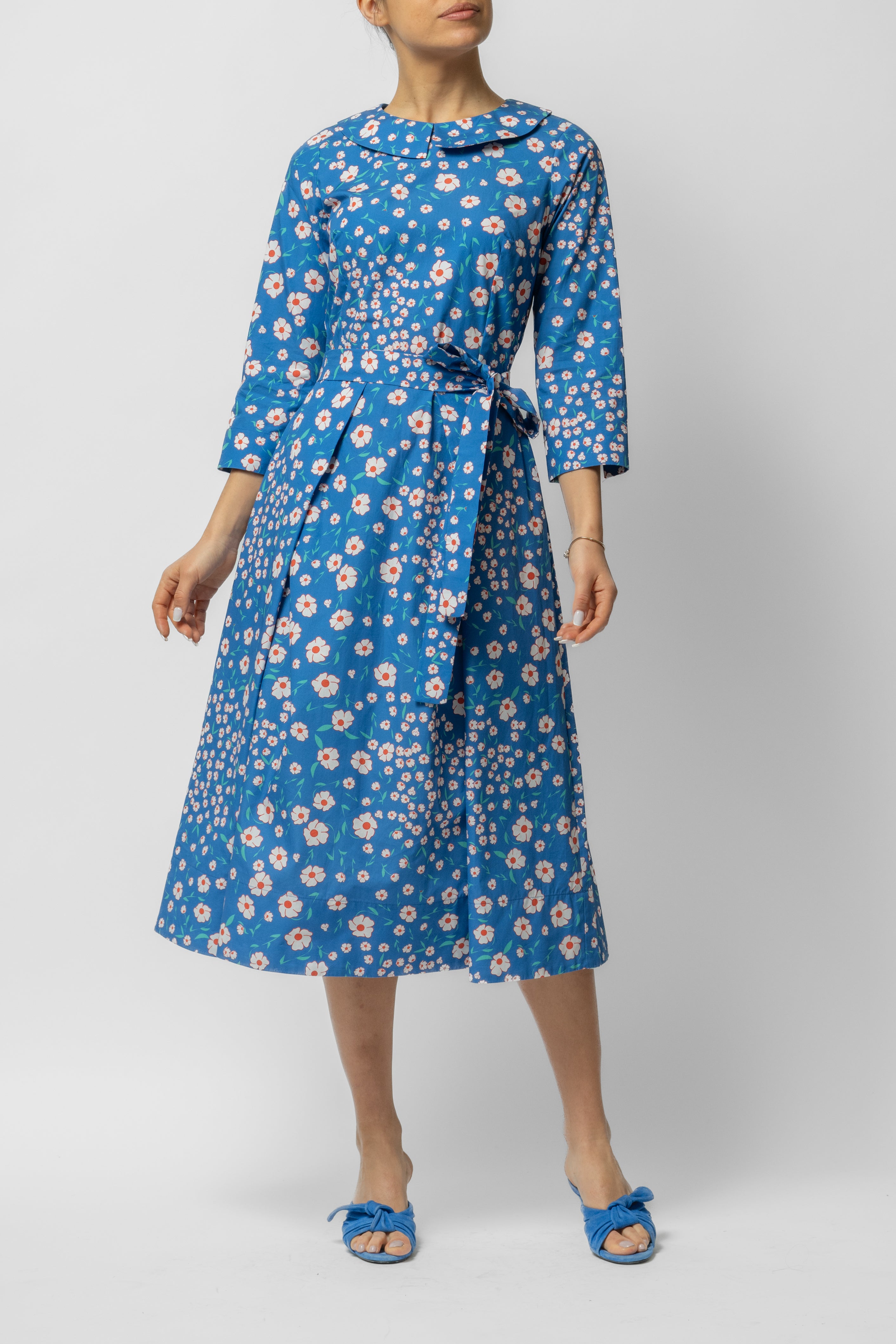 Rochie Midi cu Maneca 3/4 si Imprimeu din Bumbac, Albastra