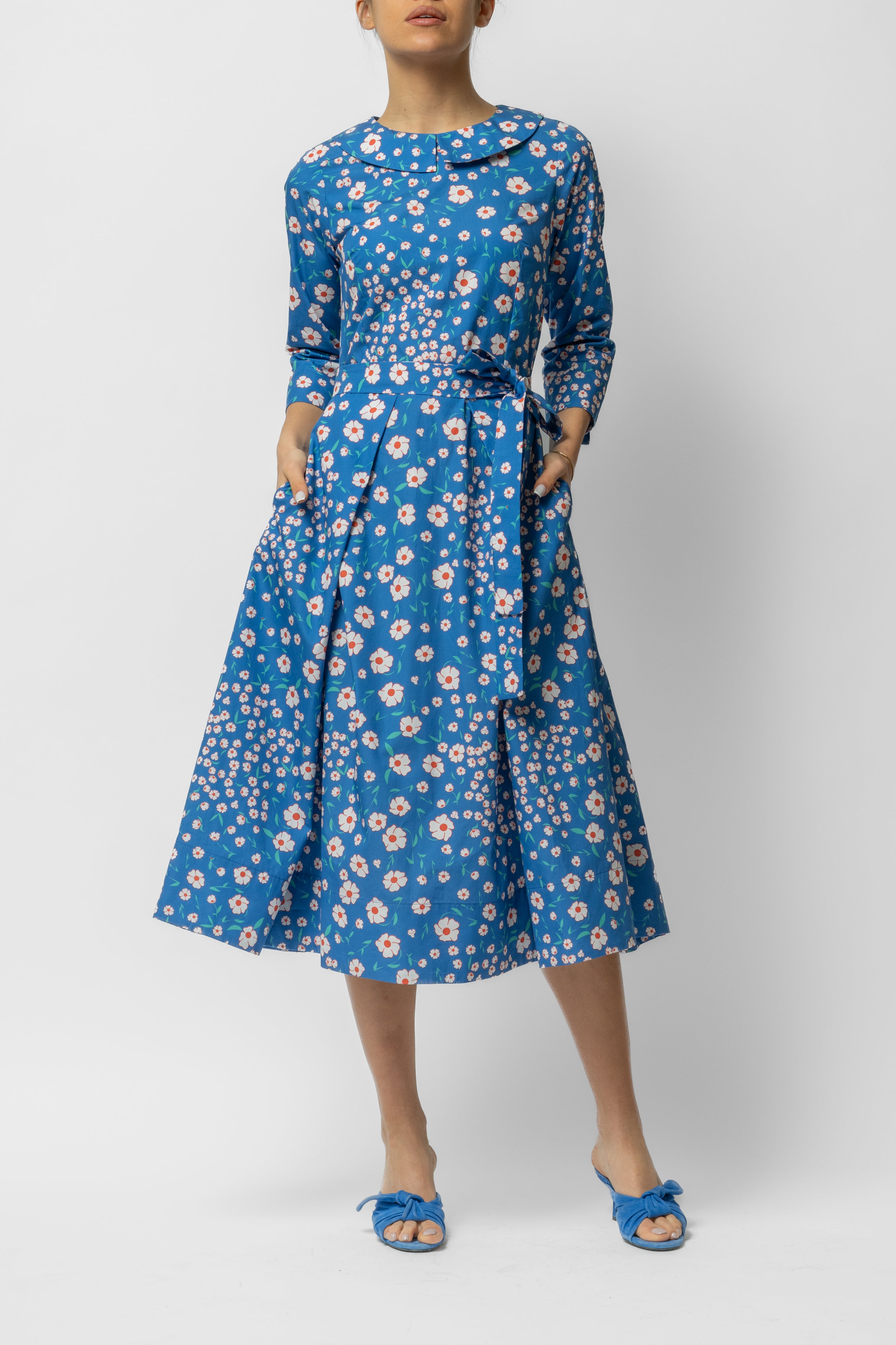 Rochie Midi cu Maneca 3/4 si Imprimeu din Bumbac, Albastra