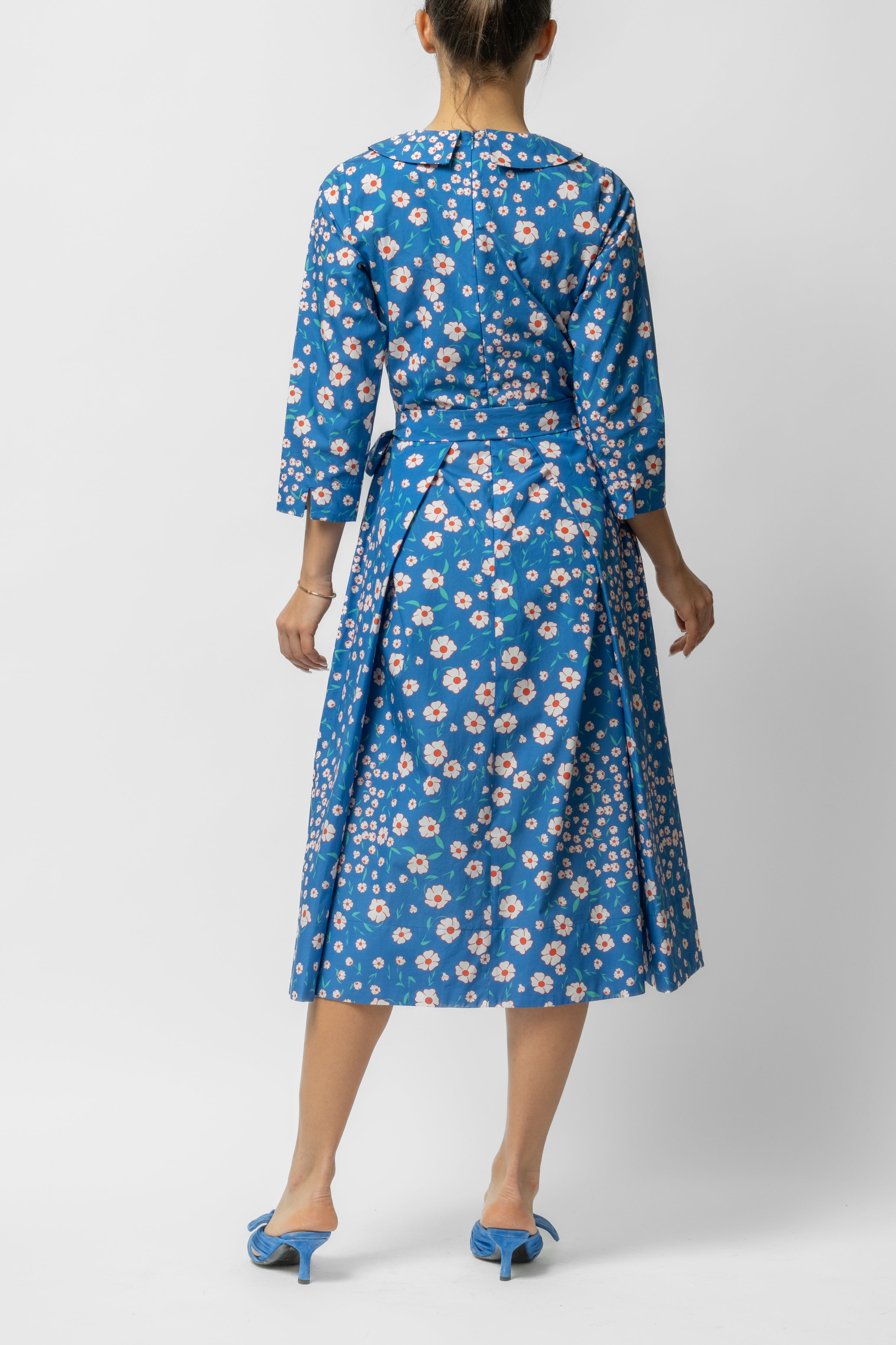 Rochie Midi cu Maneca 3/4 si Imprimeu din Bumbac, Albastra