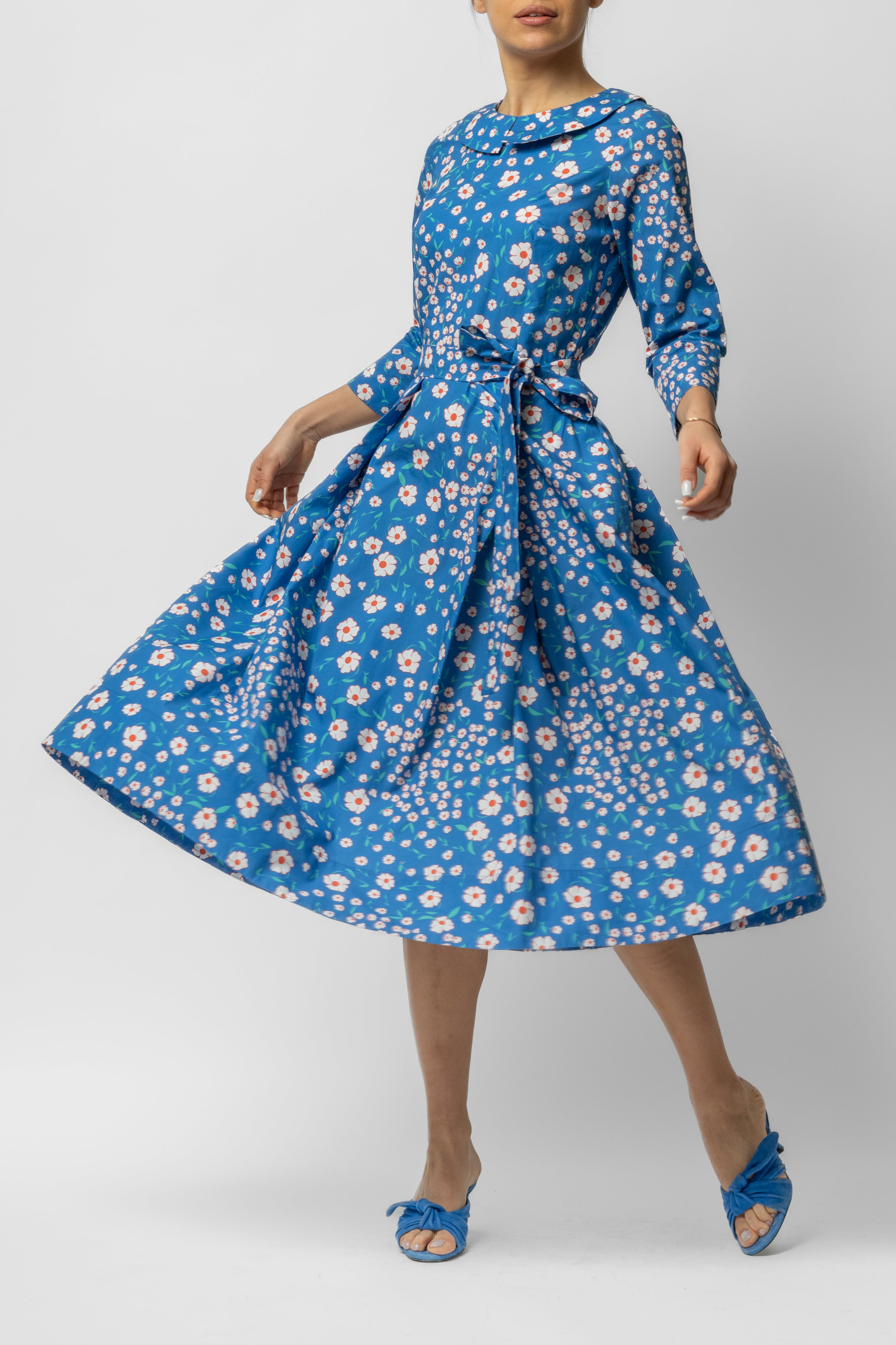 Rochie Midi cu Maneca 3/4 si Imprimeu din Bumbac, Albastra