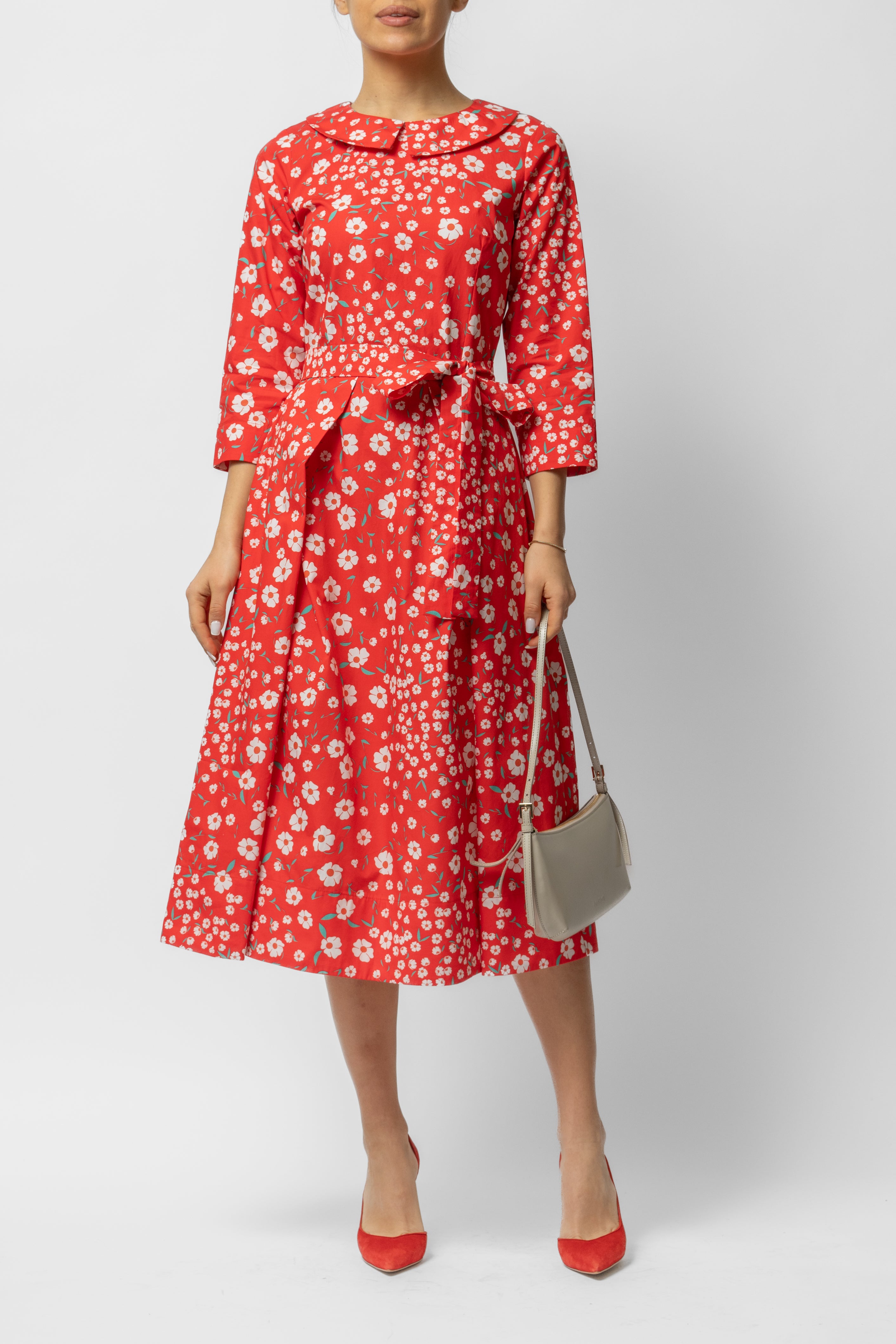 Rochie Midi cu Maneca 3/4 si Imprimeu din Bumbac, Rosie