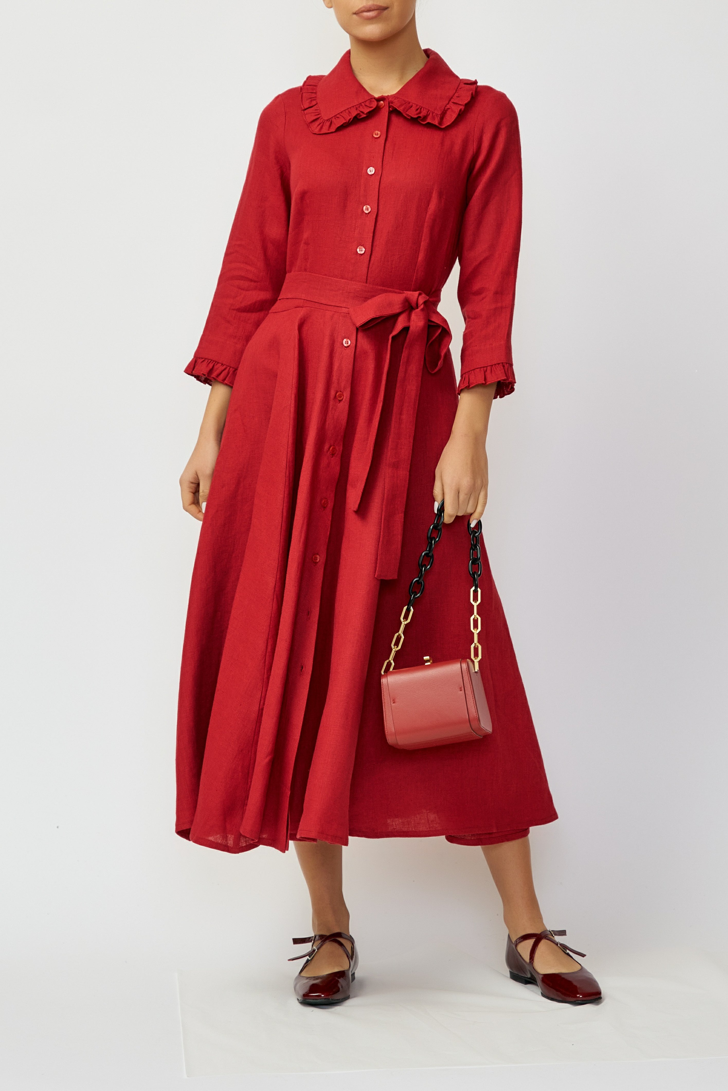 Linen Midi Shirt Dress, Red