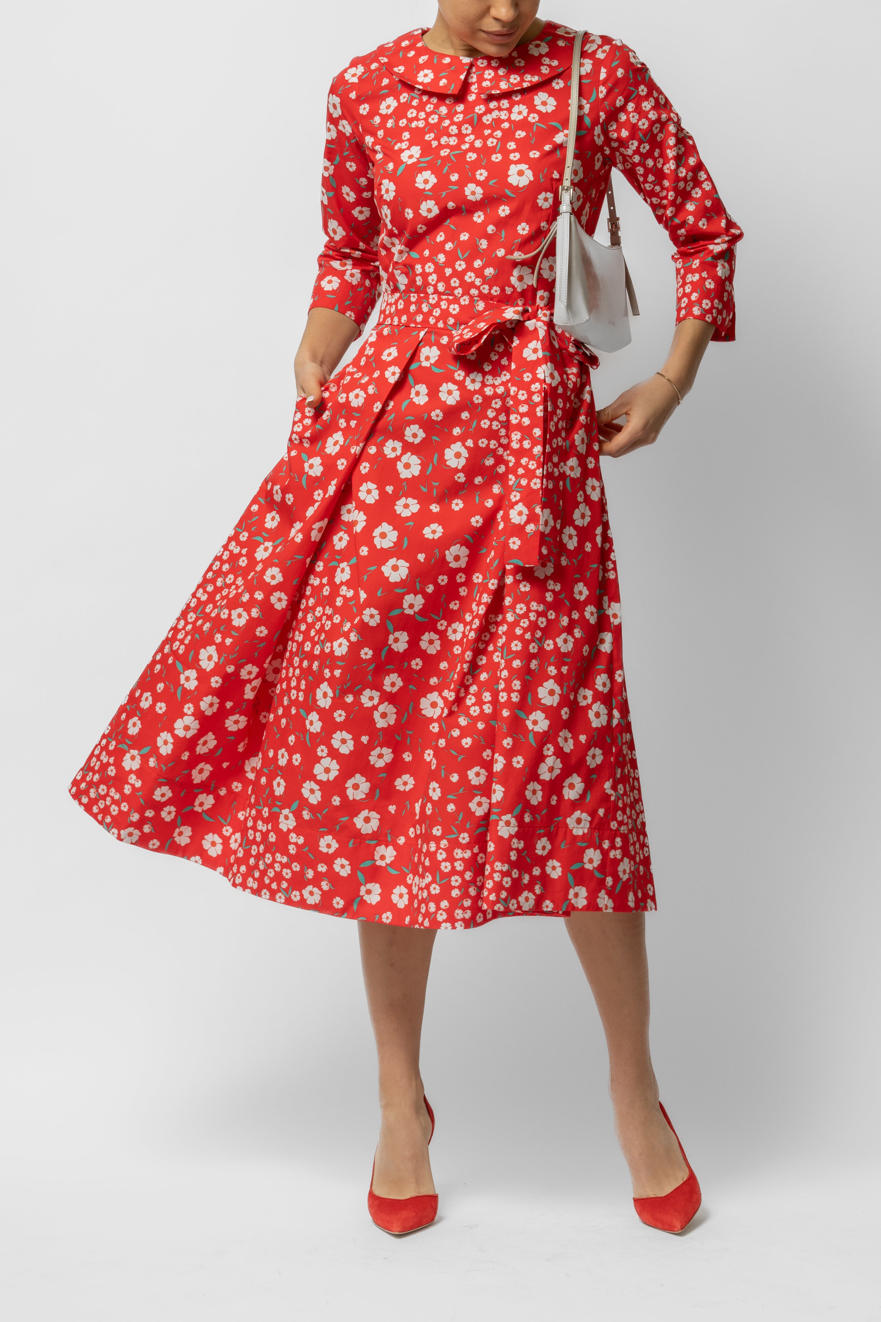 Rochie Midi cu Maneca 3/4 si Imprimeu din Bumbac, Rosie