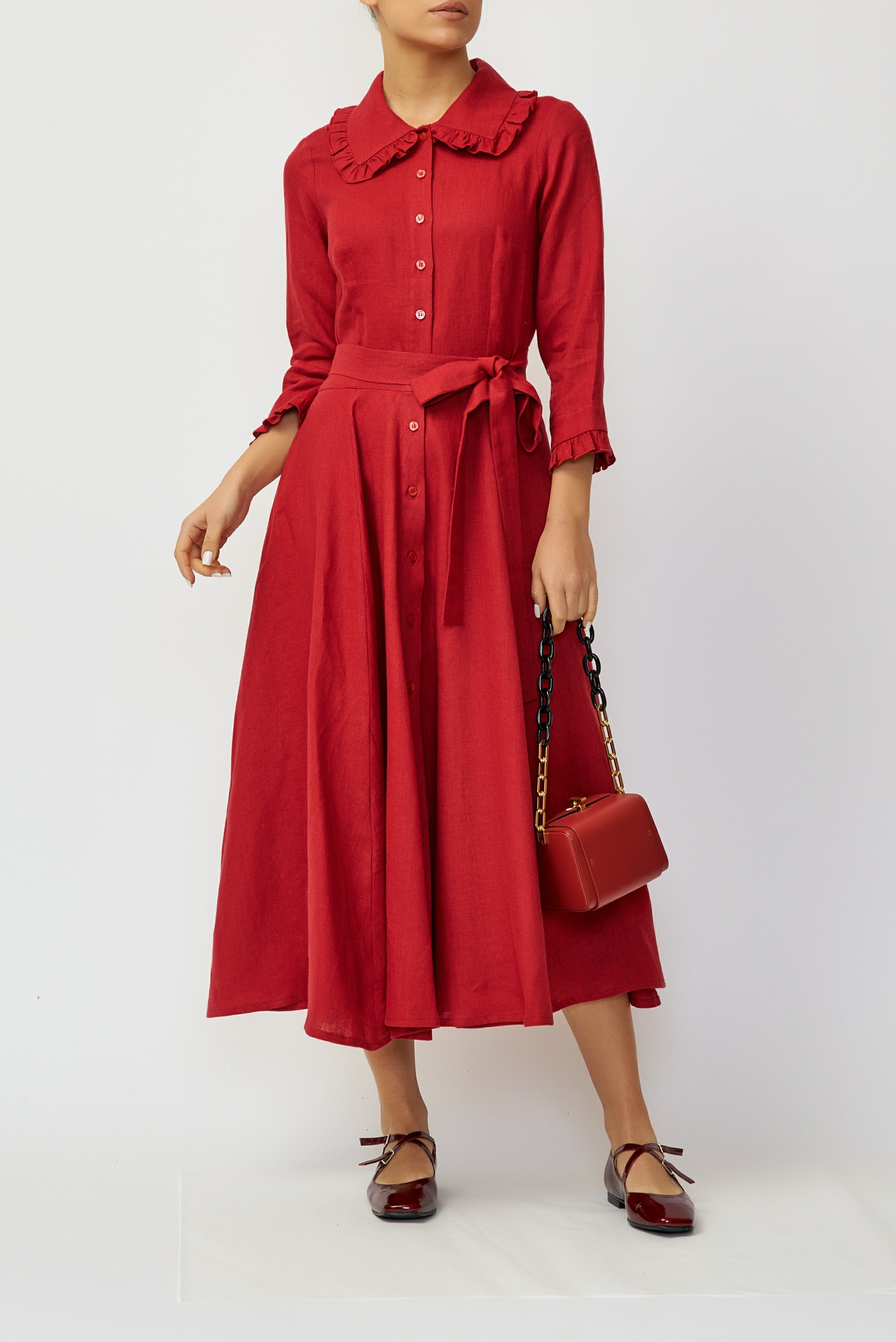 Linen Midi Shirt Dress, Red