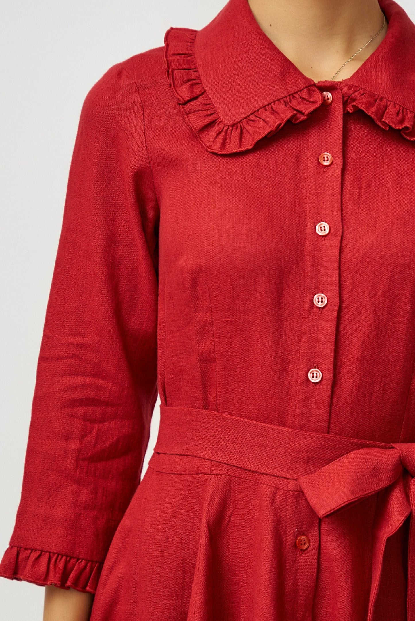 Red linen midi shirt dress