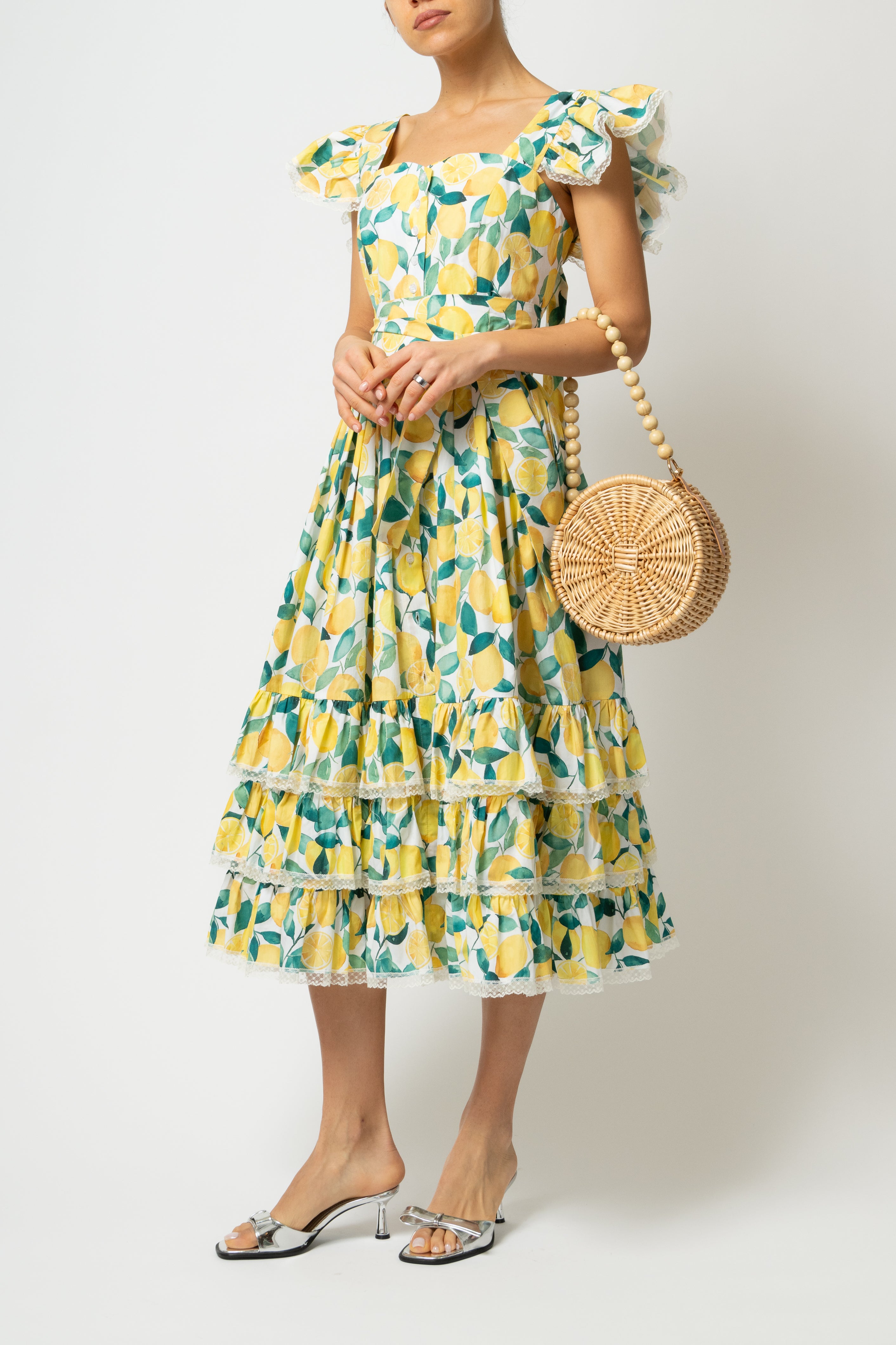 Rochie Midi cu Volane si Imprimeu de Lamai, din Bumbac