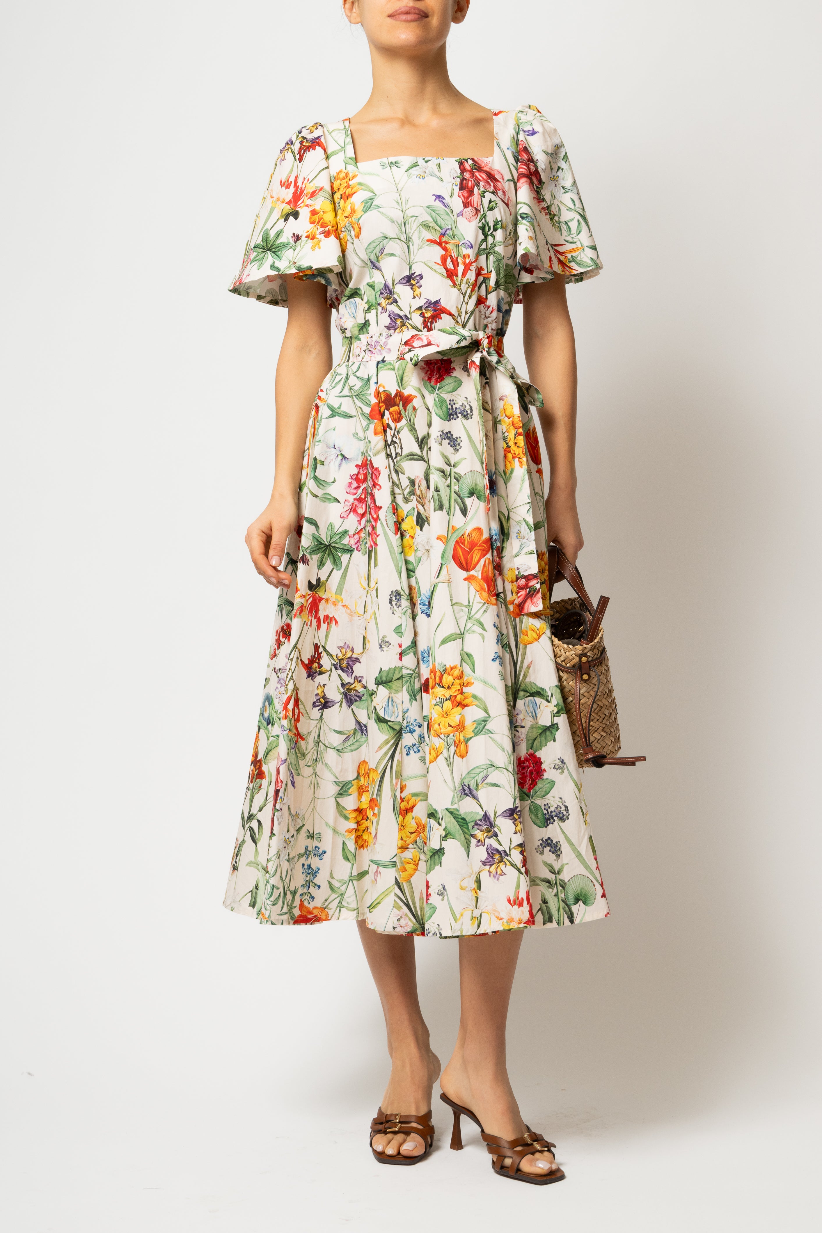 Rochie Midi Clos, cu Decolteu Patrat, din Bumbac cu Print Botanic