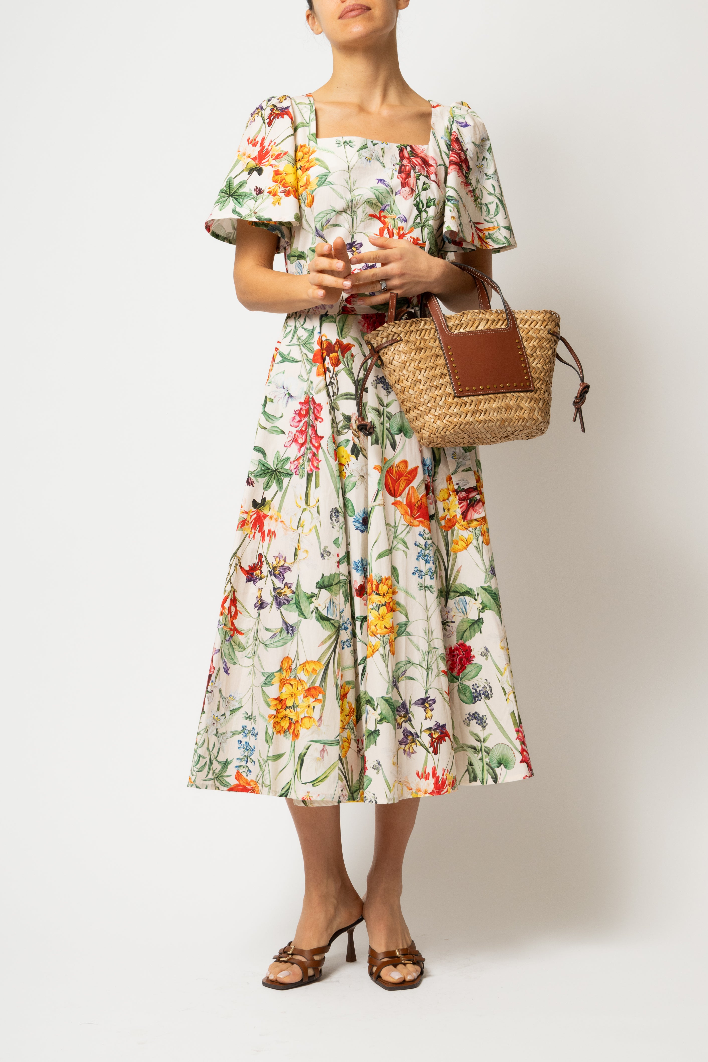 Rochie Midi Clos, cu Decolteu Patrat, din Bumbac cu Print Botanic