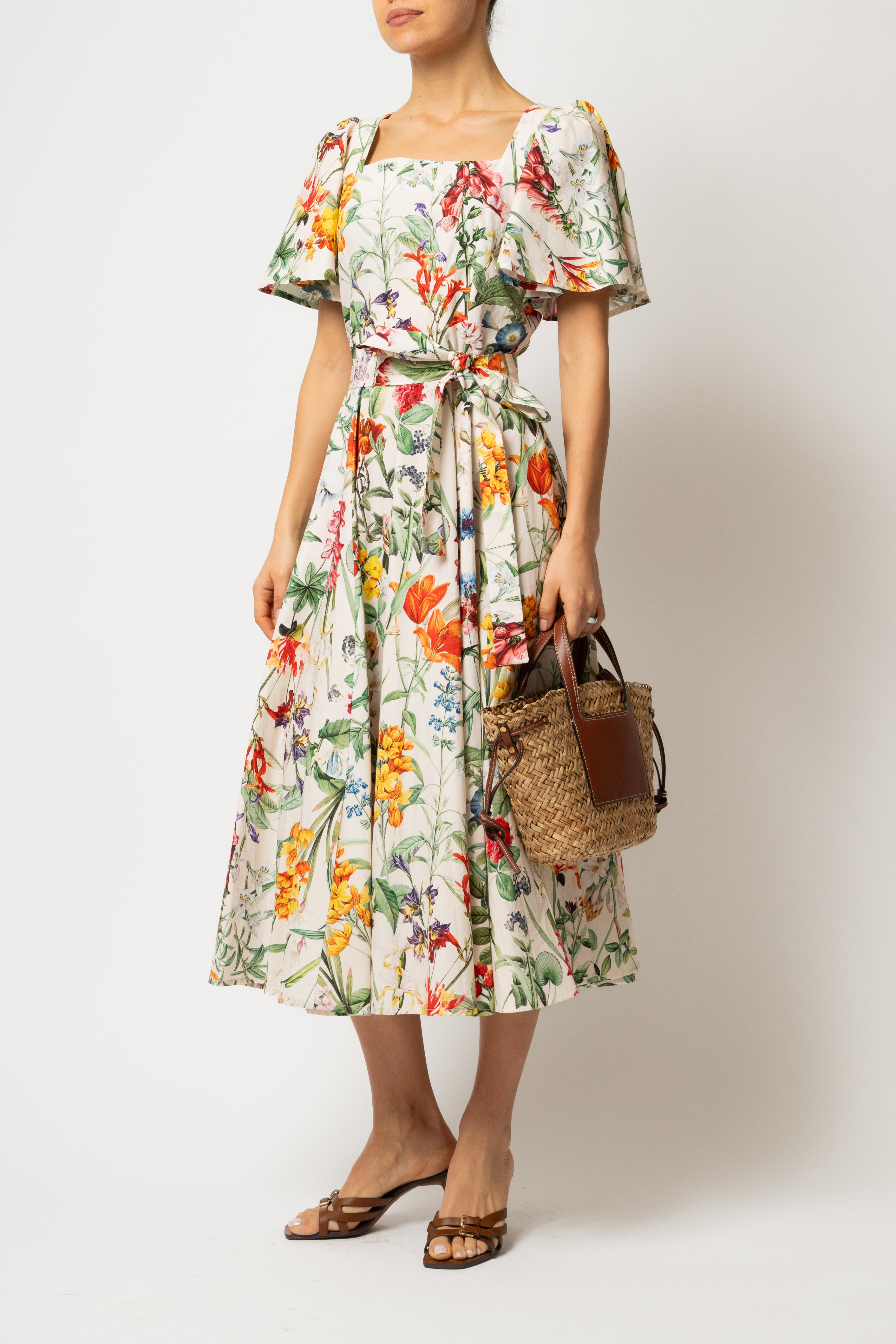 Rochie Midi Clos, cu Decolteu Patrat, din Bumbac cu Print Botanic