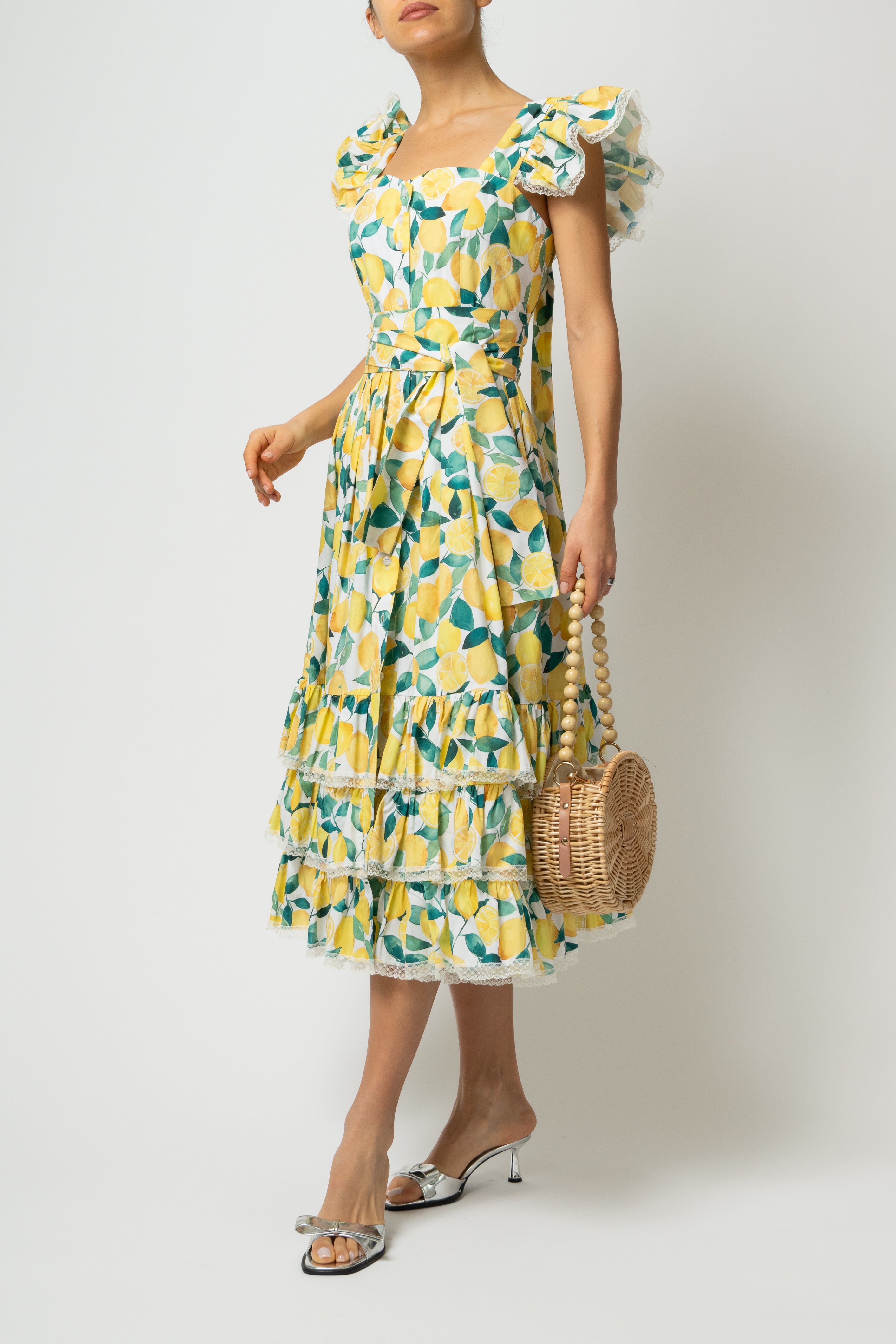 Rochie Midi cu Volane si Imprimeu de Lamai, din Bumbac