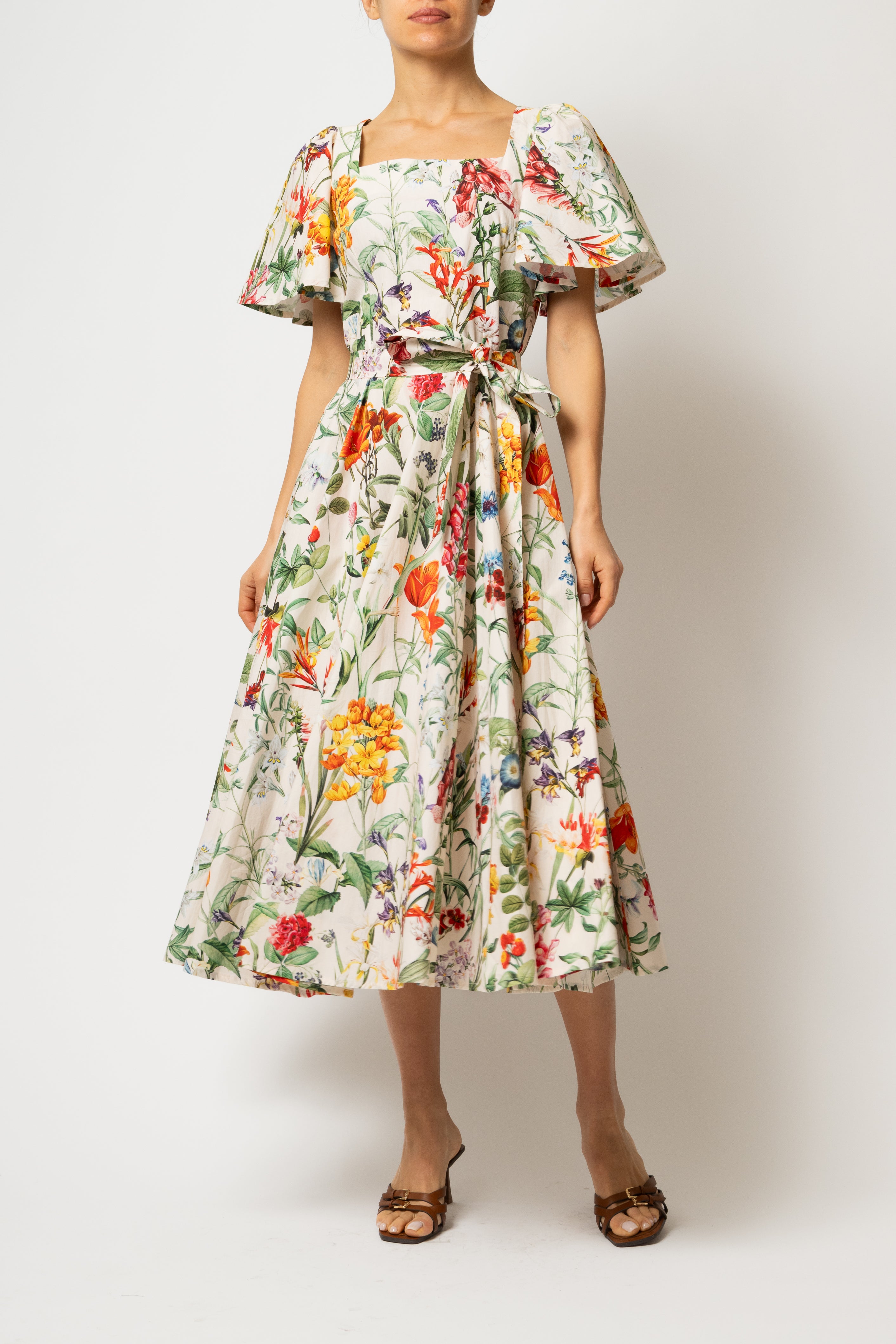 Rochie Midi Clos, cu Decolteu Patrat, din Bumbac cu Print Botanic