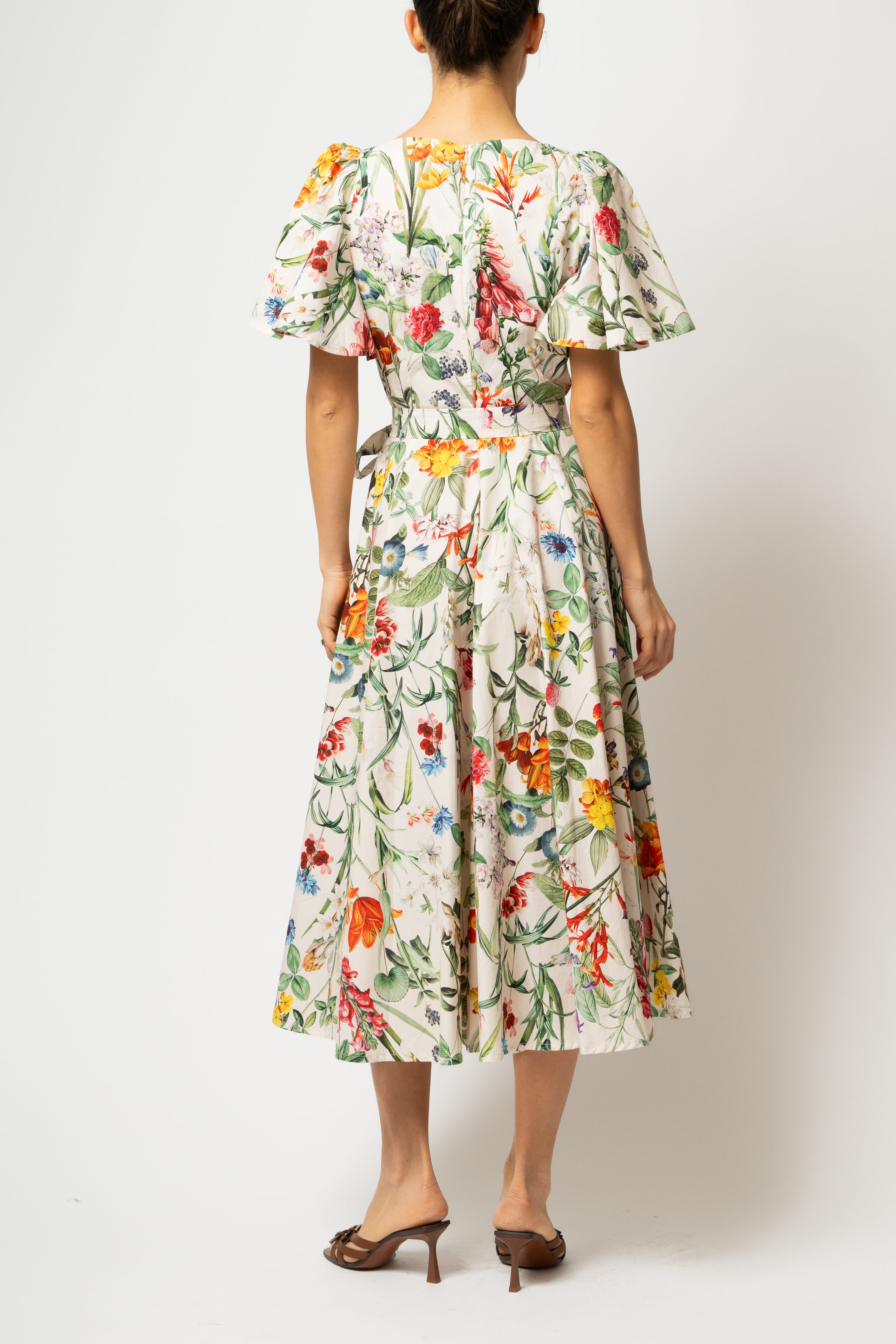 Rochie Midi Clos, cu Decolteu Patrat, din Bumbac cu Print Botanic