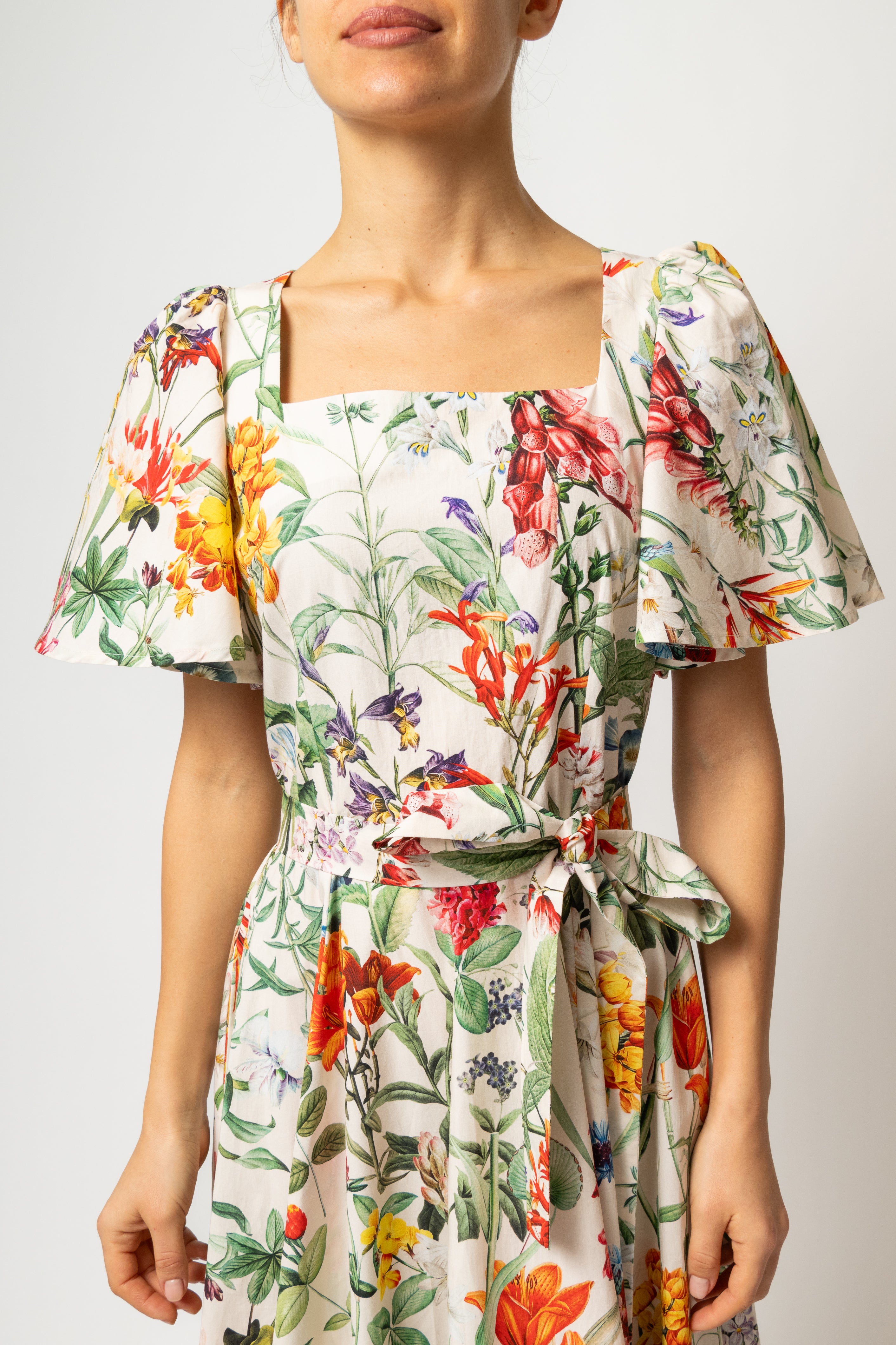 Rochie Midi Clos, cu Decolteu Patrat, din Bumbac cu Print Botanic