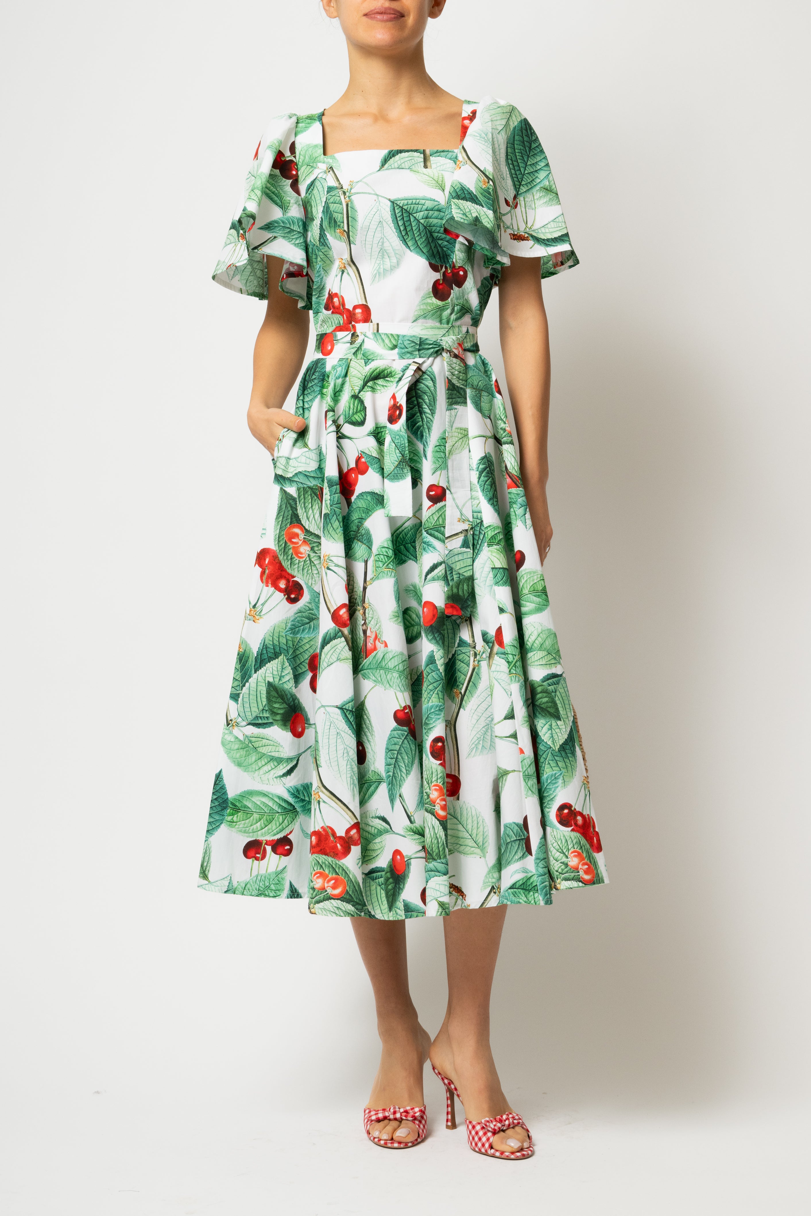 Rochie Midi Clos, cu Decolteu Patrat, din Bumbac cu Cirese
