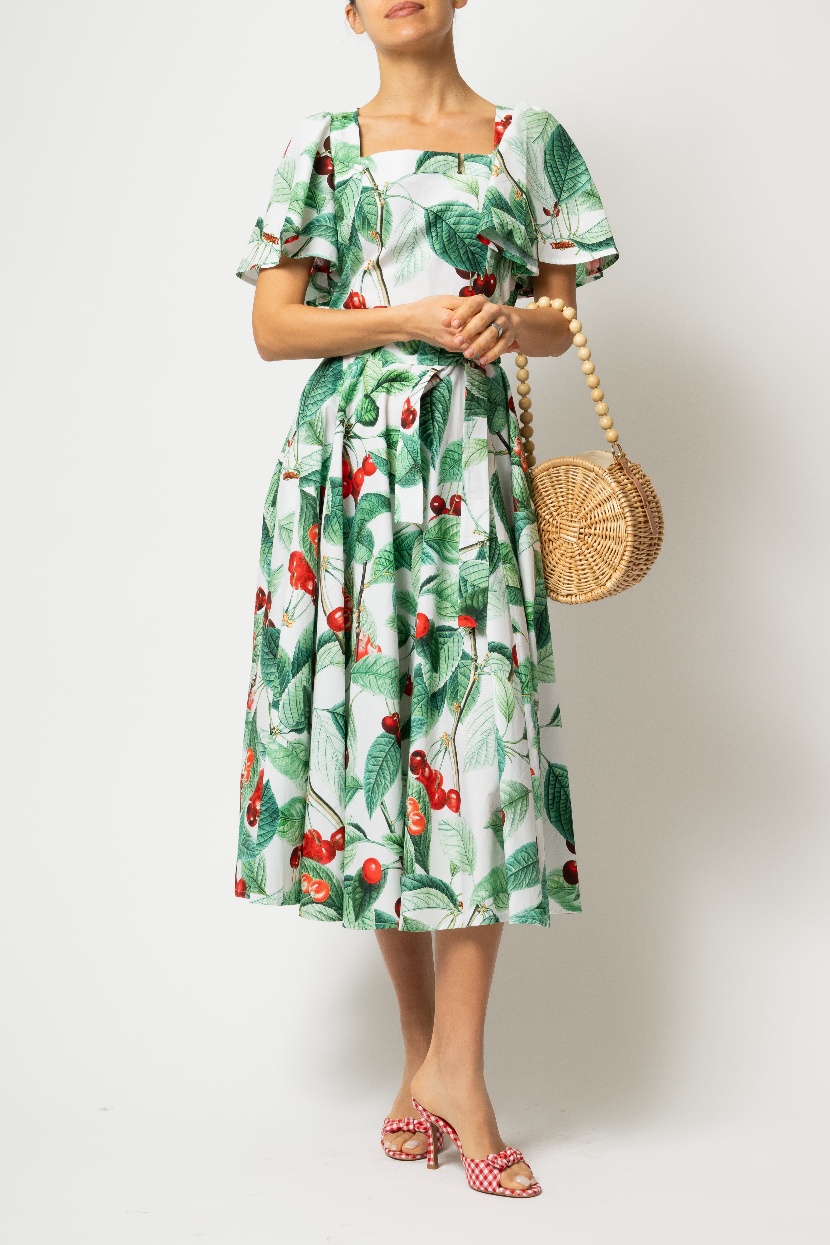 Rochie Midi Clos, cu Decolteu Patrat, din Bumbac cu Cirese