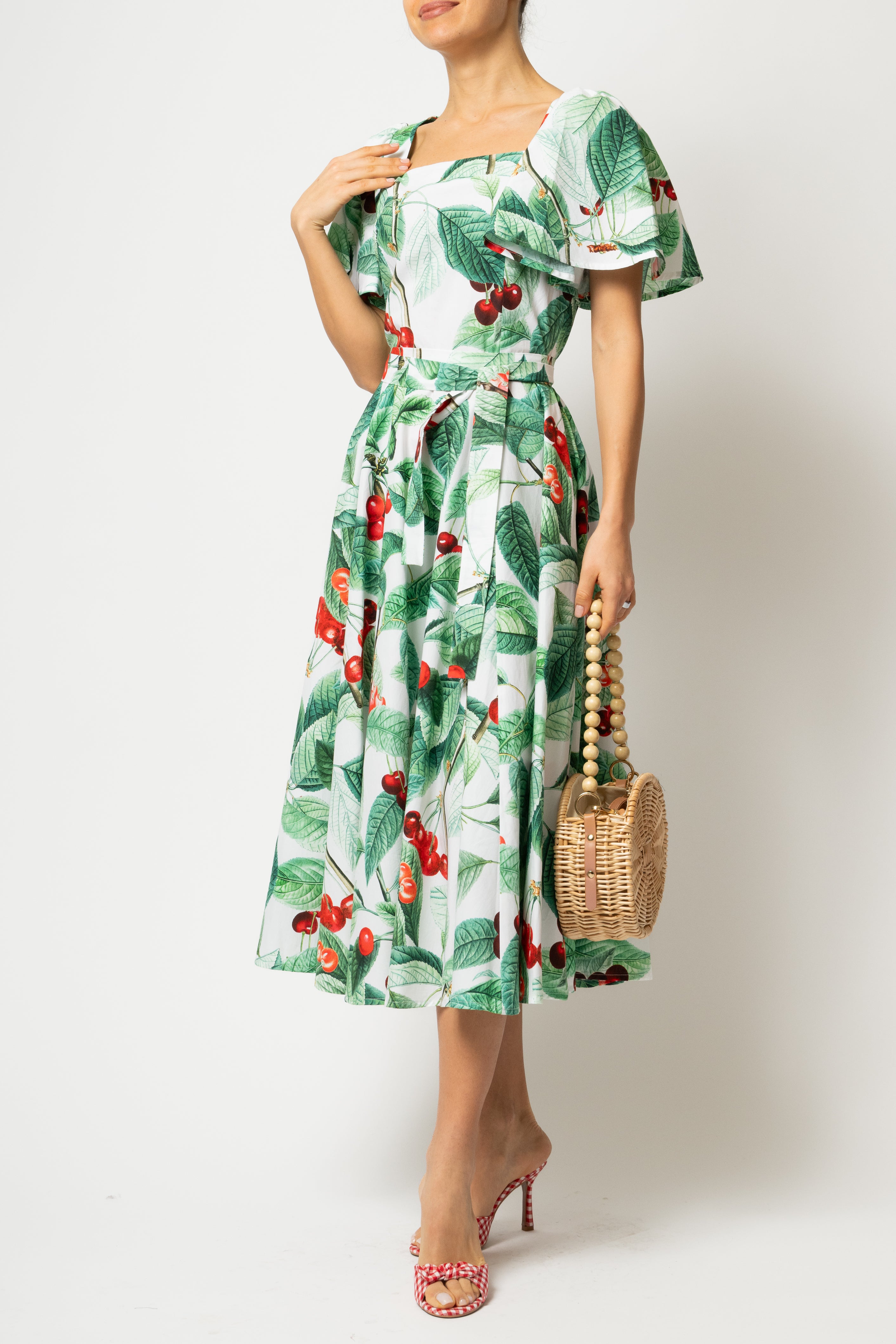Rochie Midi Clos, cu Decolteu Patrat, din Bumbac cu Cirese