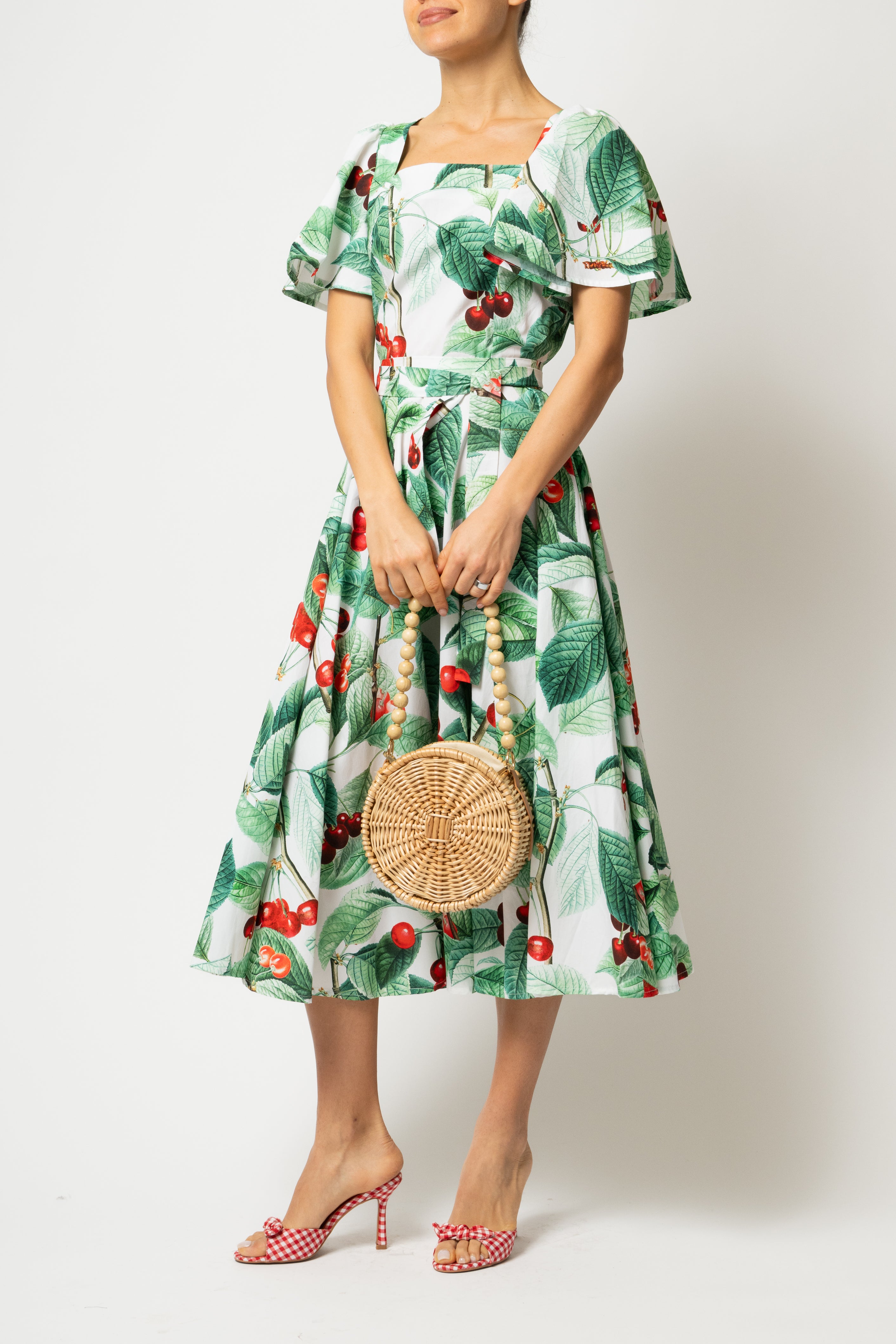 Rochie Midi Clos, cu Decolteu Patrat, din Bumbac cu Cirese