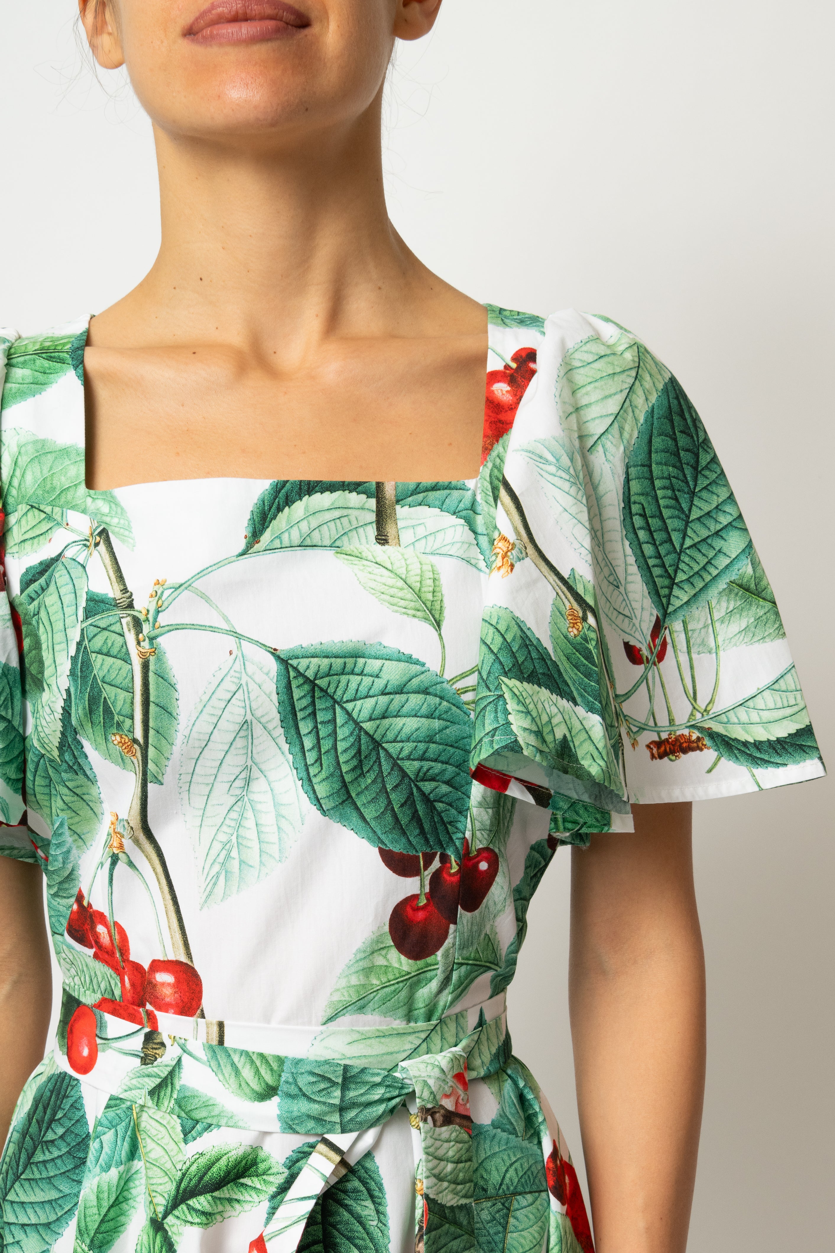 Rochie Midi Clos, cu Decolteu Patrat, din Bumbac cu Cirese