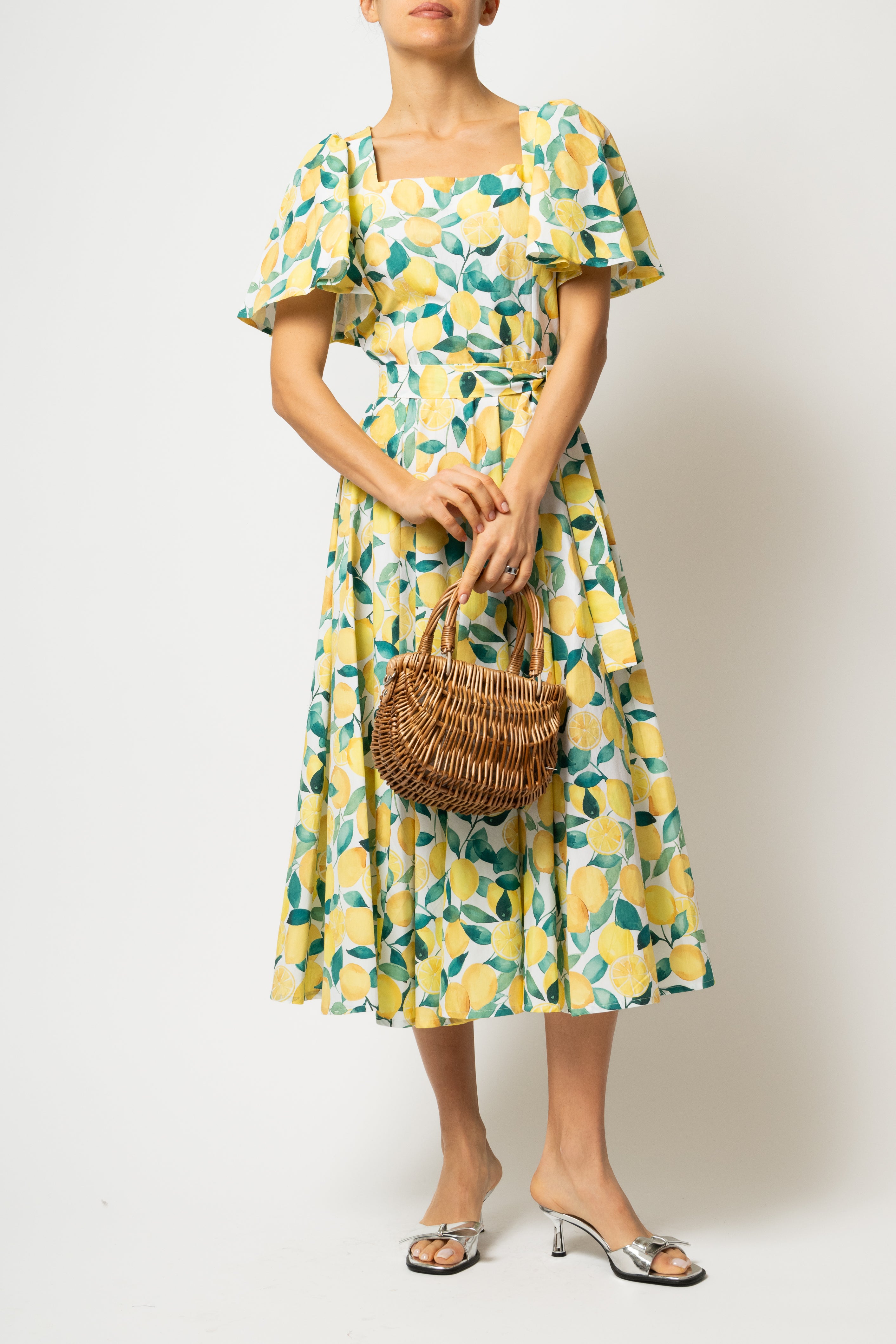 Rochie Midi Clos, cu Decolteu Patrat, din Bumbac cu Lamai