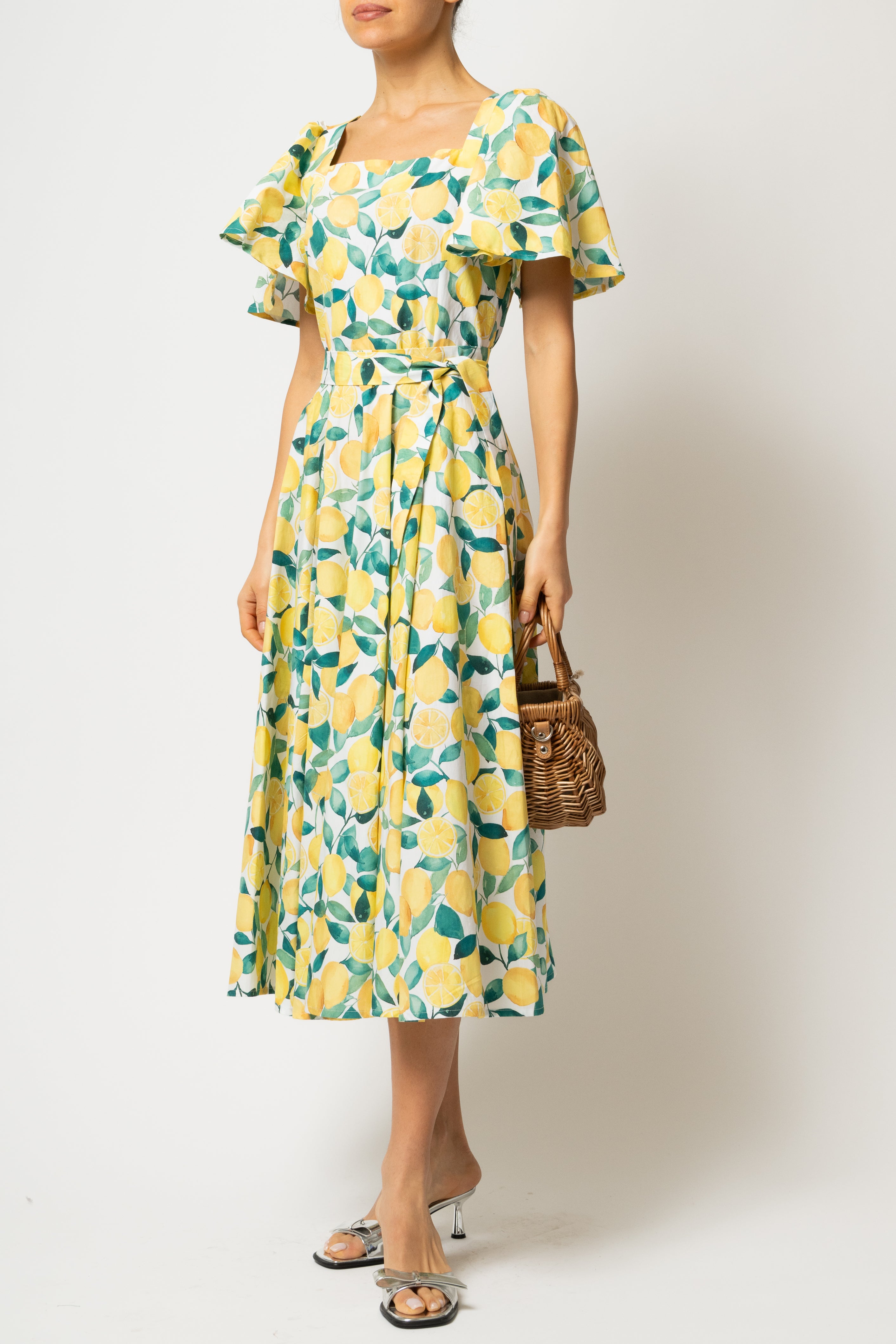 Rochie Midi Clos, cu Decolteu Patrat, din Bumbac cu Lamai