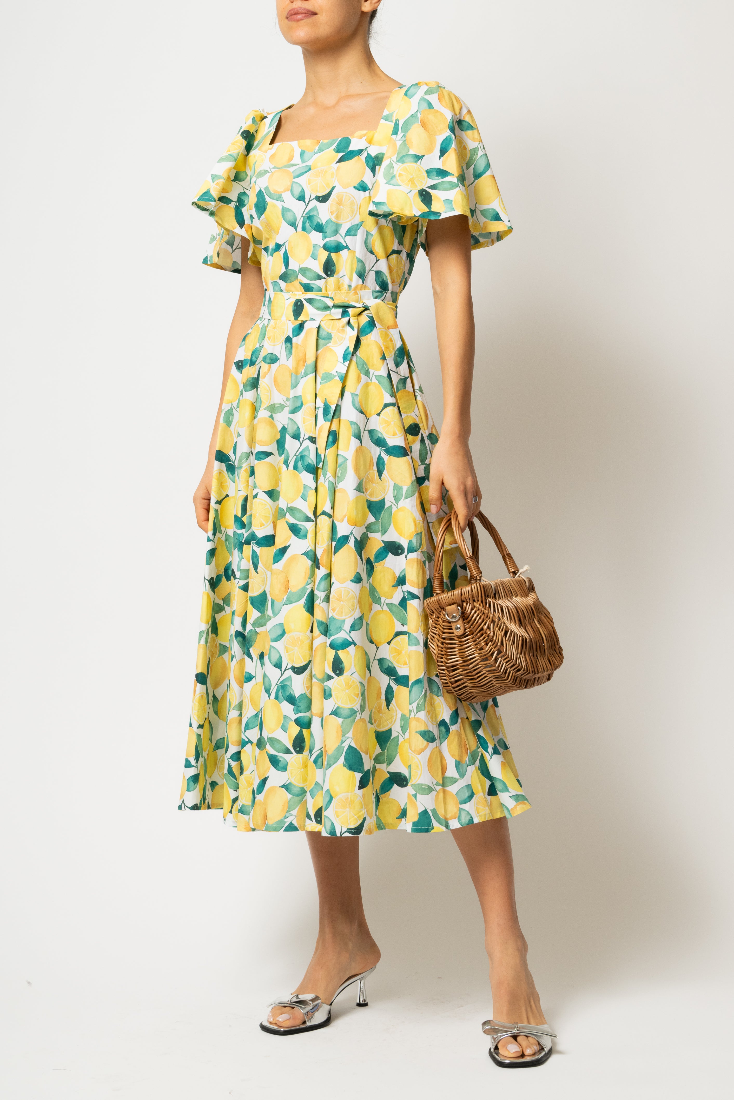 Rochie Midi Clos, cu Decolteu Patrat, din Bumbac cu Lamai