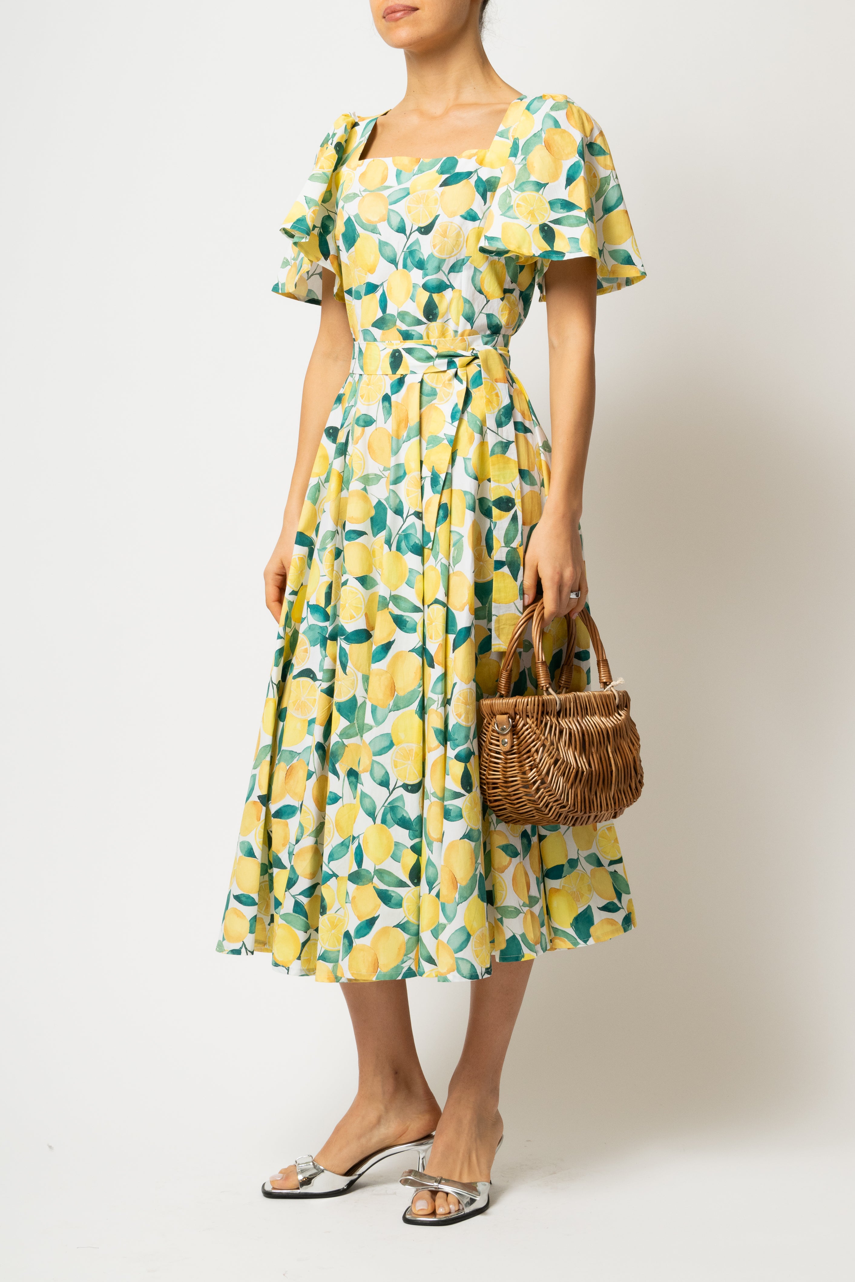 Rochie Midi Clos, cu Decolteu Patrat, din Bumbac cu Lamai