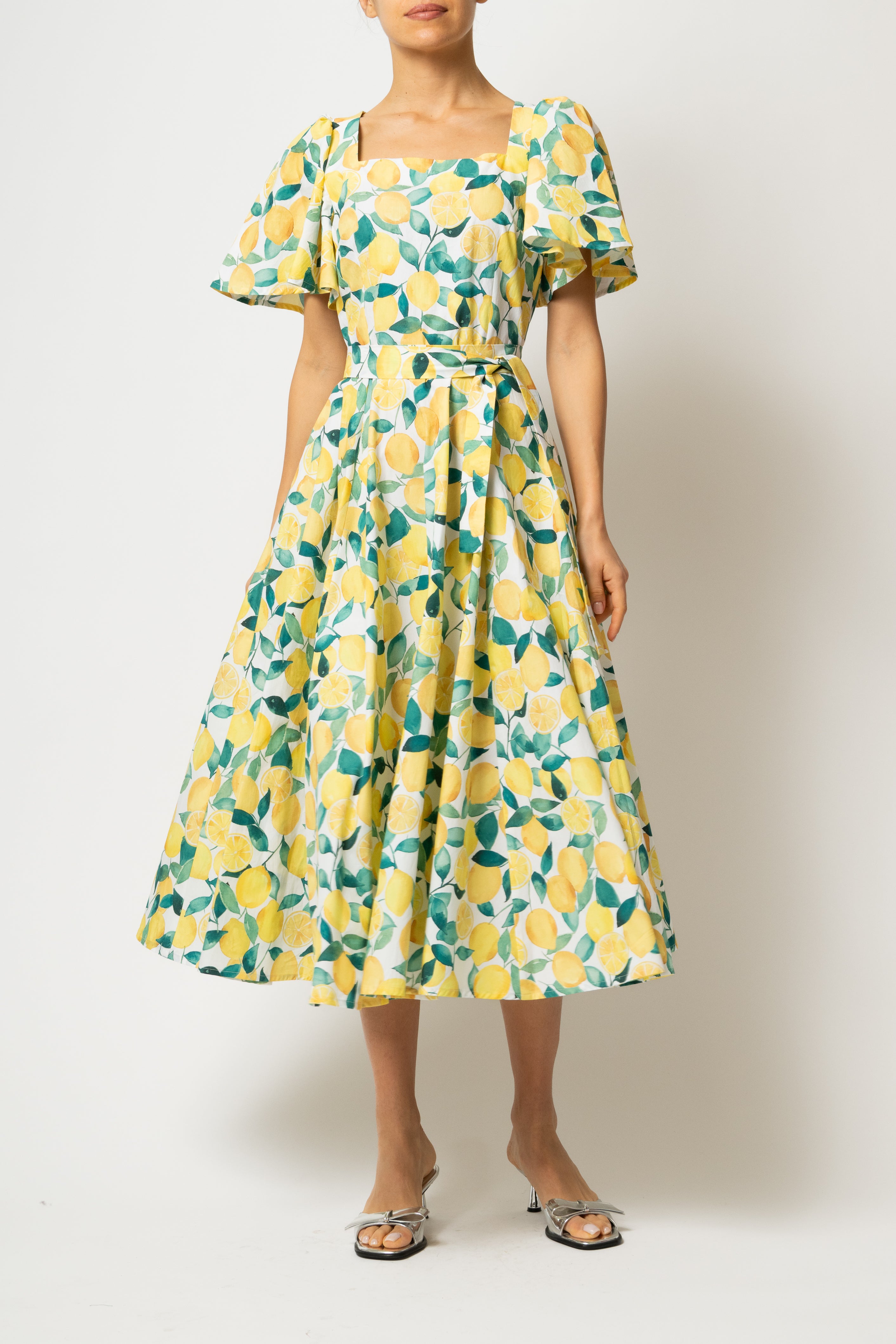 Rochie Midi Clos, cu Decolteu Patrat, din Bumbac cu Lamai