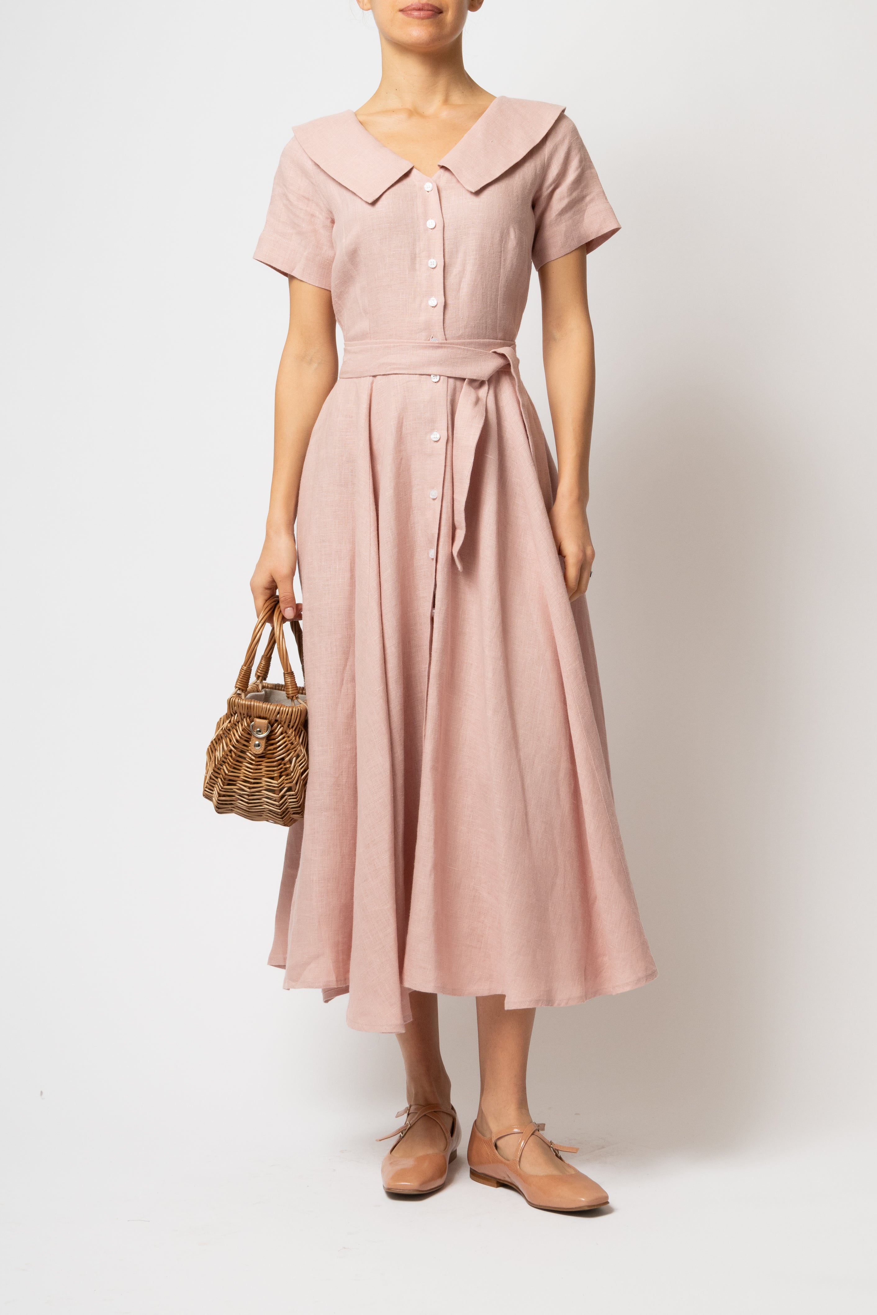 Rochie Camasa Midi cu Guler in V, din In Roz