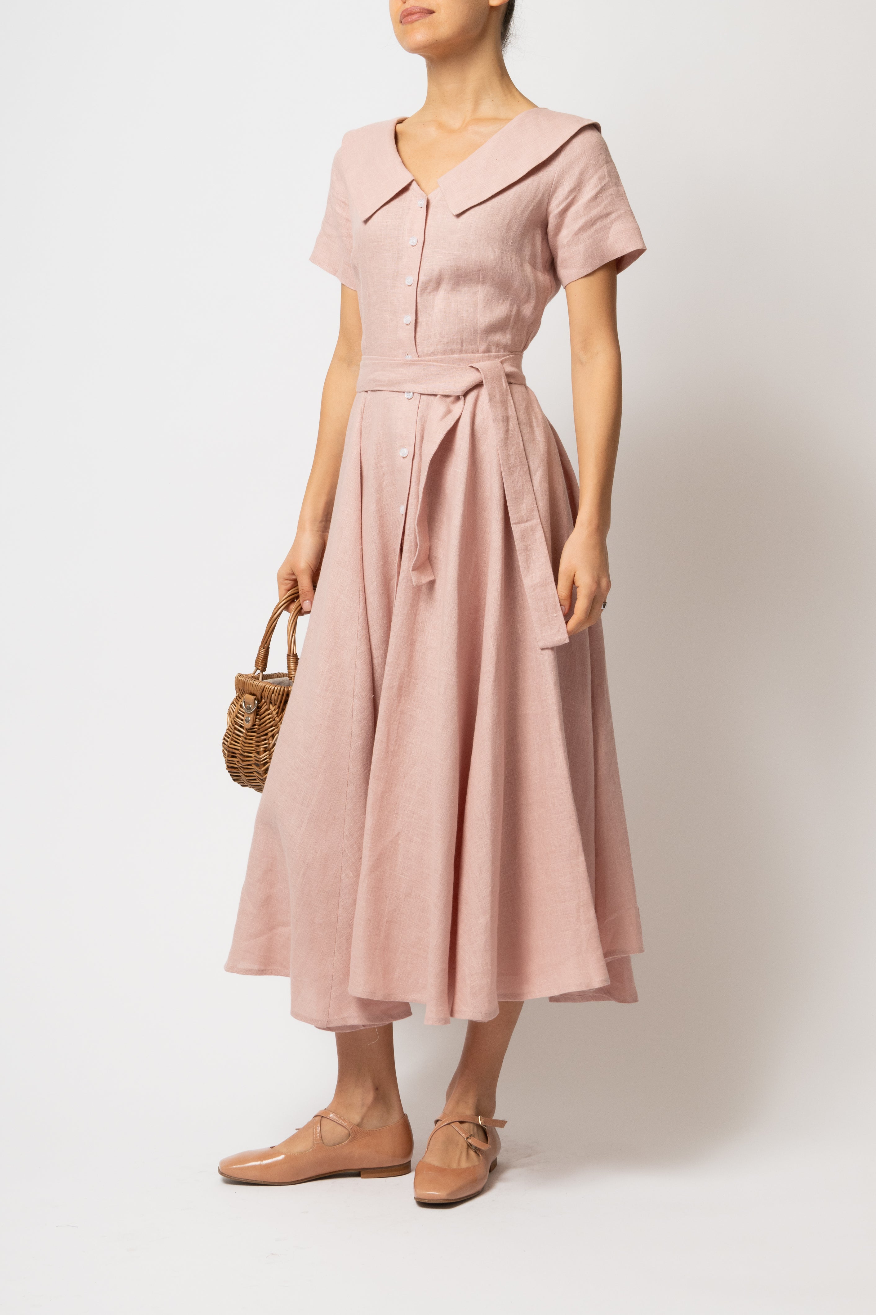 Rochie Camasa Midi cu Guler in V, din In Roz