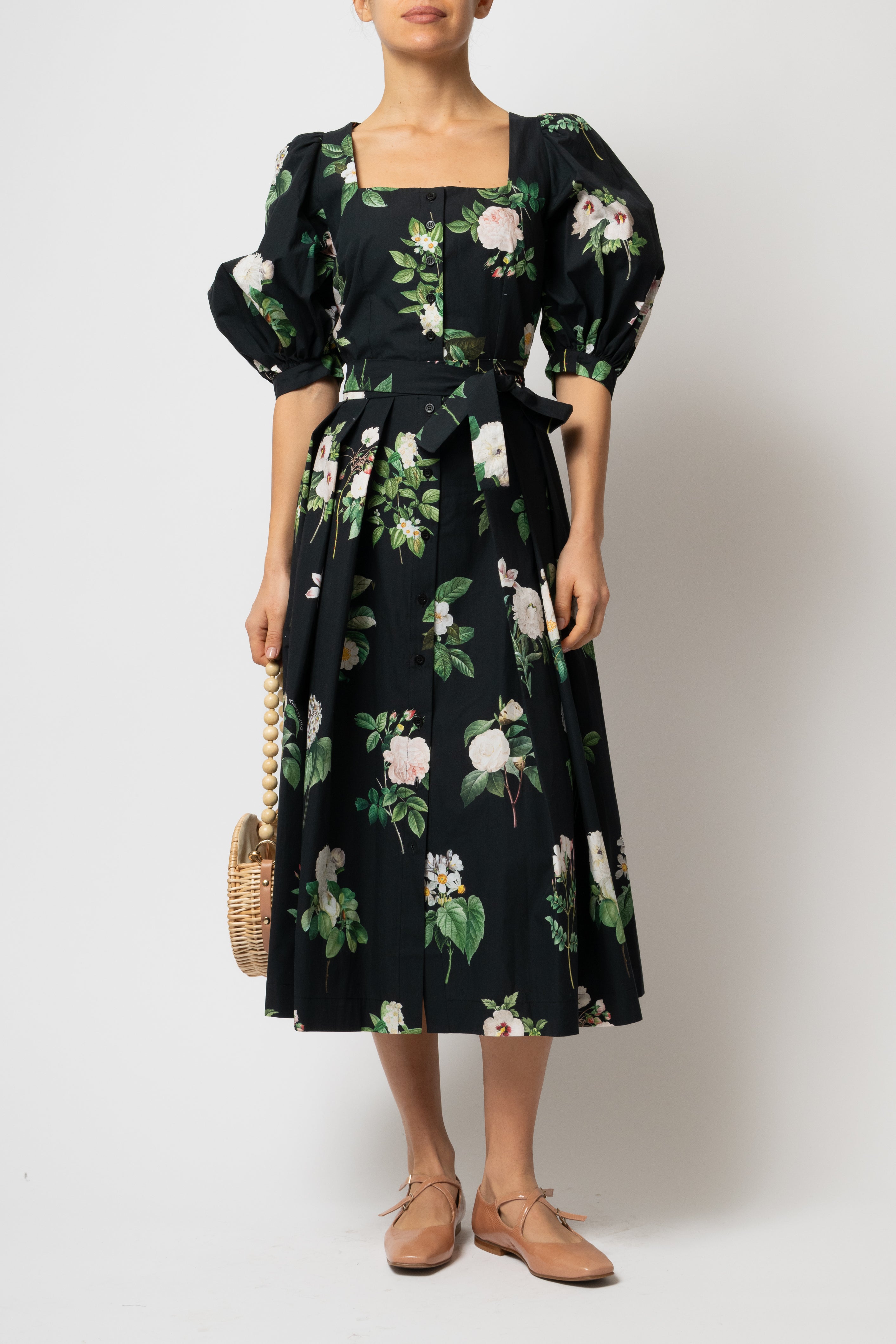 Rochie Midi, cu Decolteu Patrat si Nasturi, din Bumbac cu Flori pe Negru