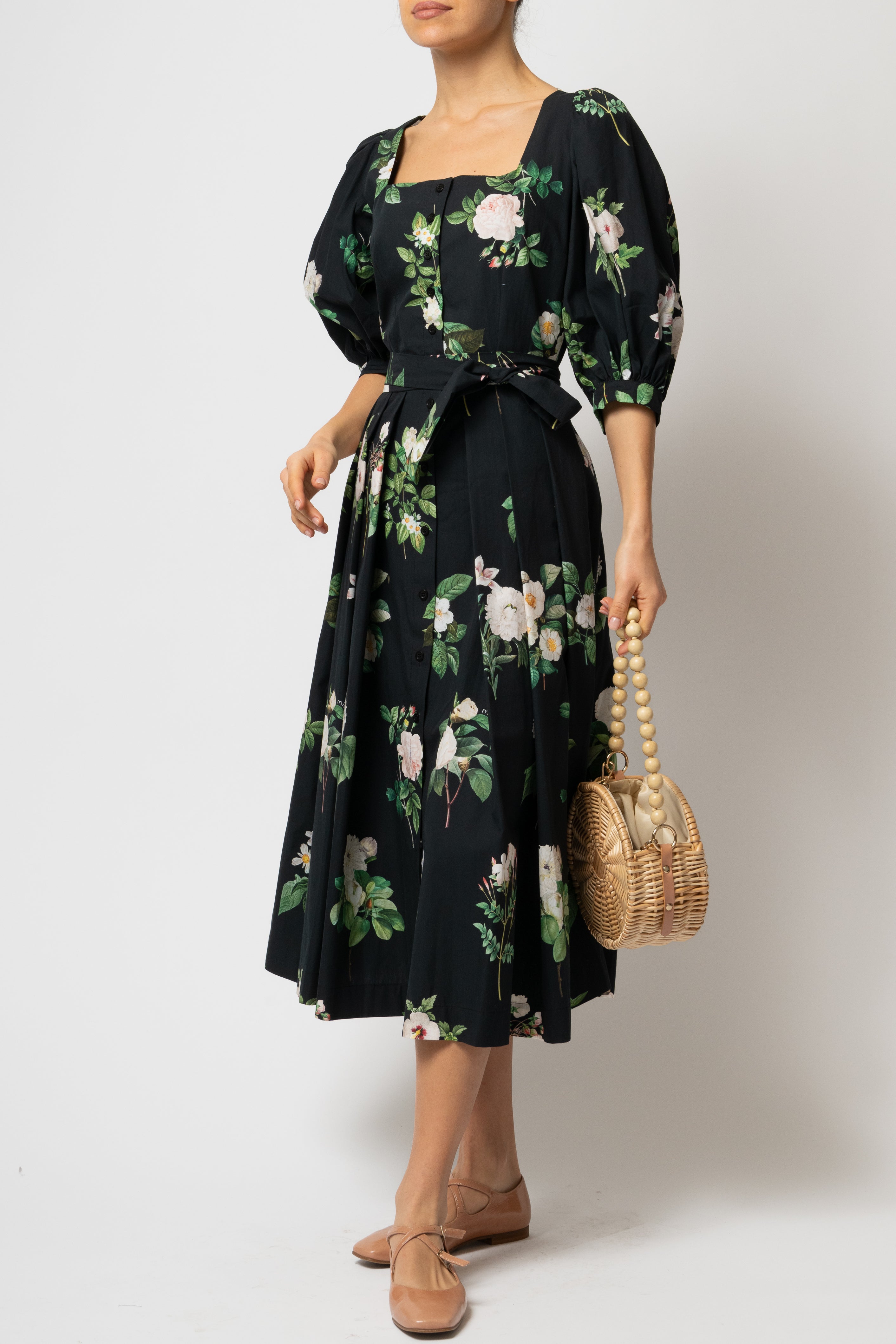 Rochie Midi, cu Decolteu Patrat si Nasturi, din Bumbac cu Flori pe Negru