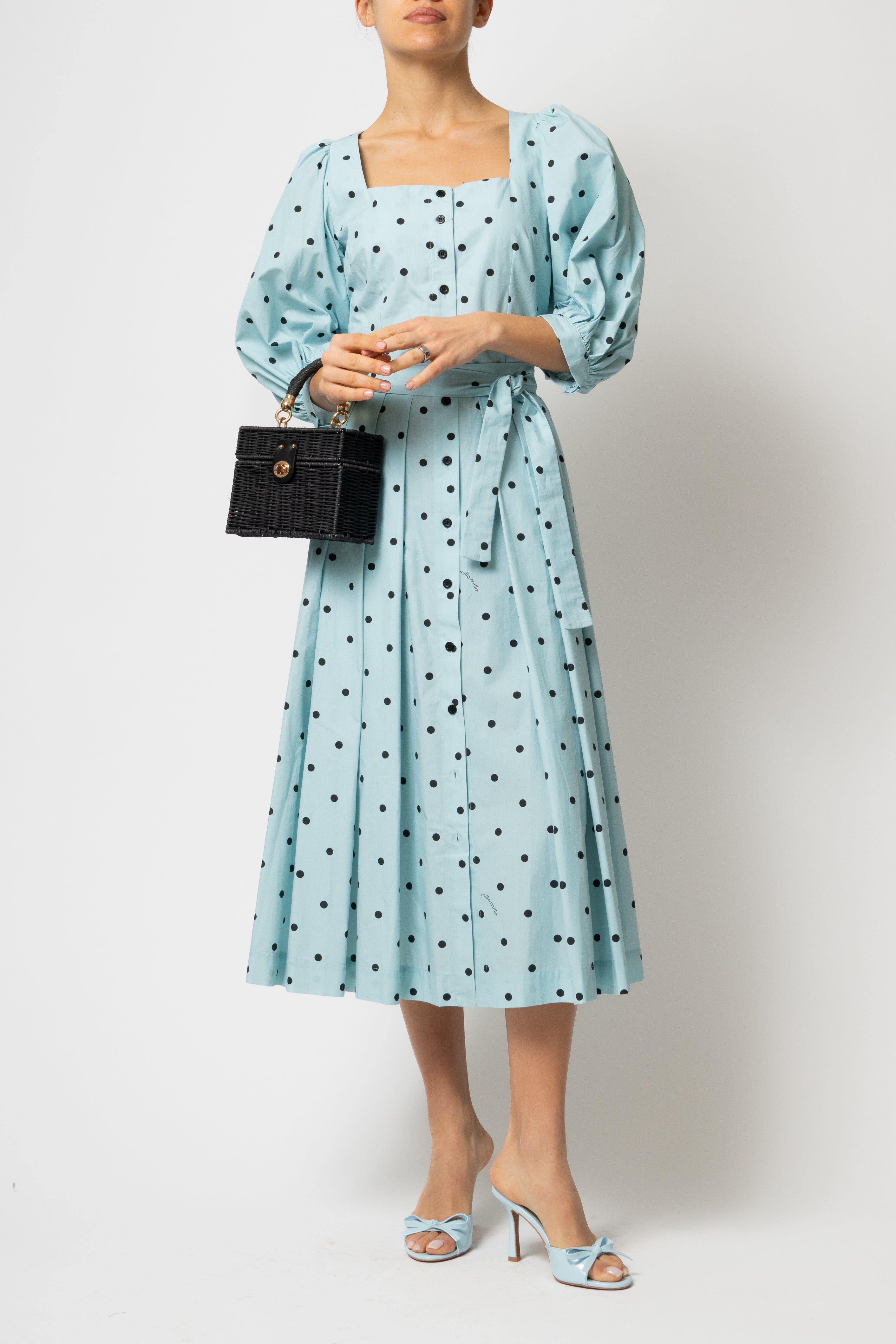 Rochie Midi, cu Decolteu Patrat si Nasturi, din Bumbac cu Buline