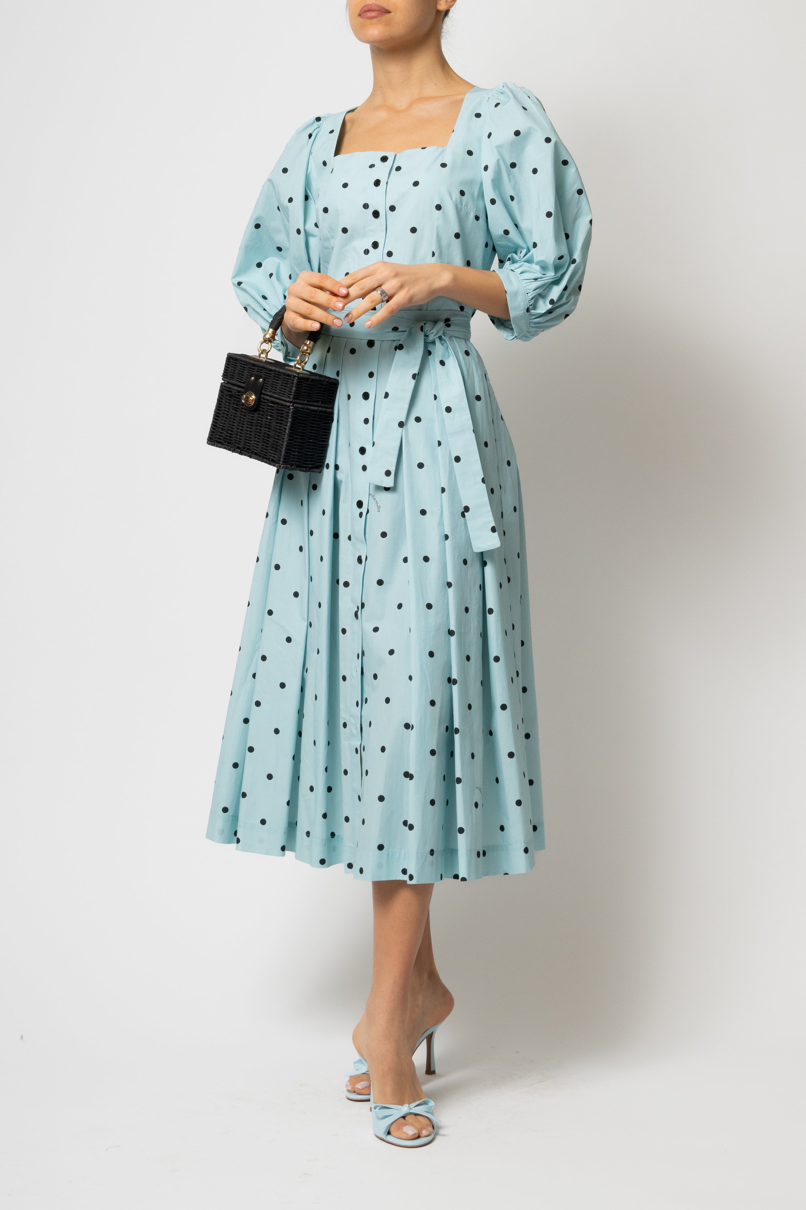 Rochie Midi, cu Decolteu Patrat si Nasturi, din Bumbac cu Buline