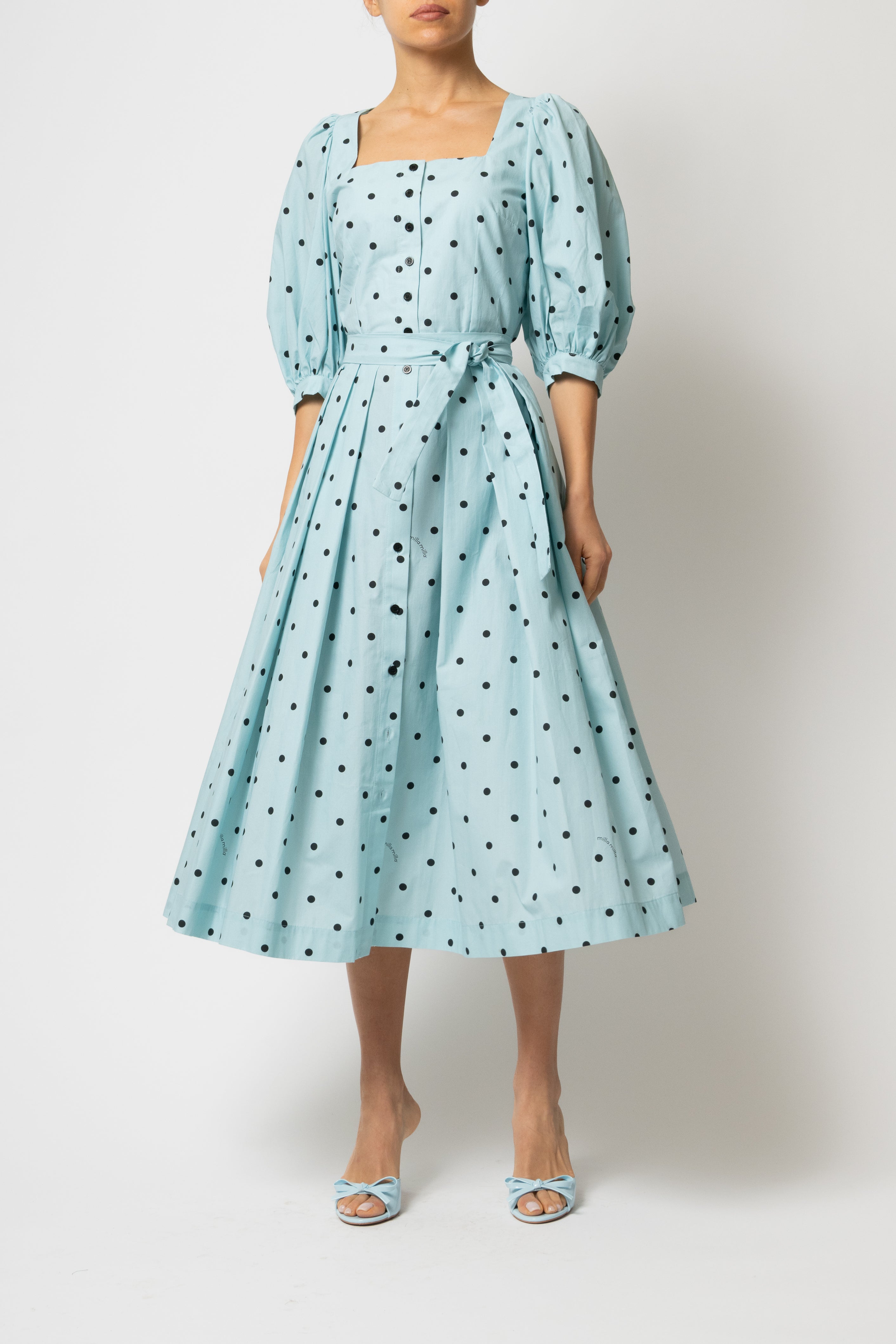 Rochie Midi, cu Decolteu Patrat si Nasturi, din Bumbac cu Buline