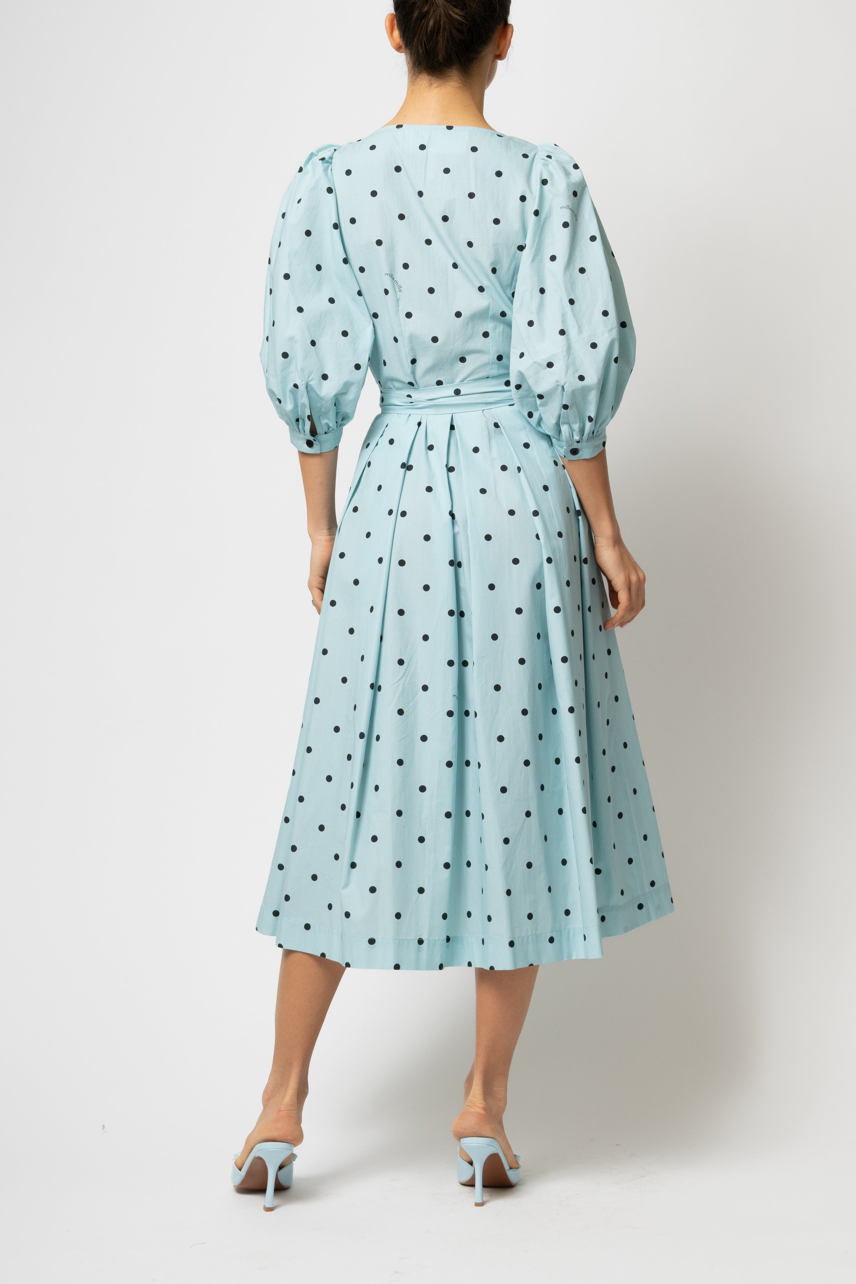 Rochie Midi, cu Decolteu Patrat si Nasturi, din Bumbac cu Buline